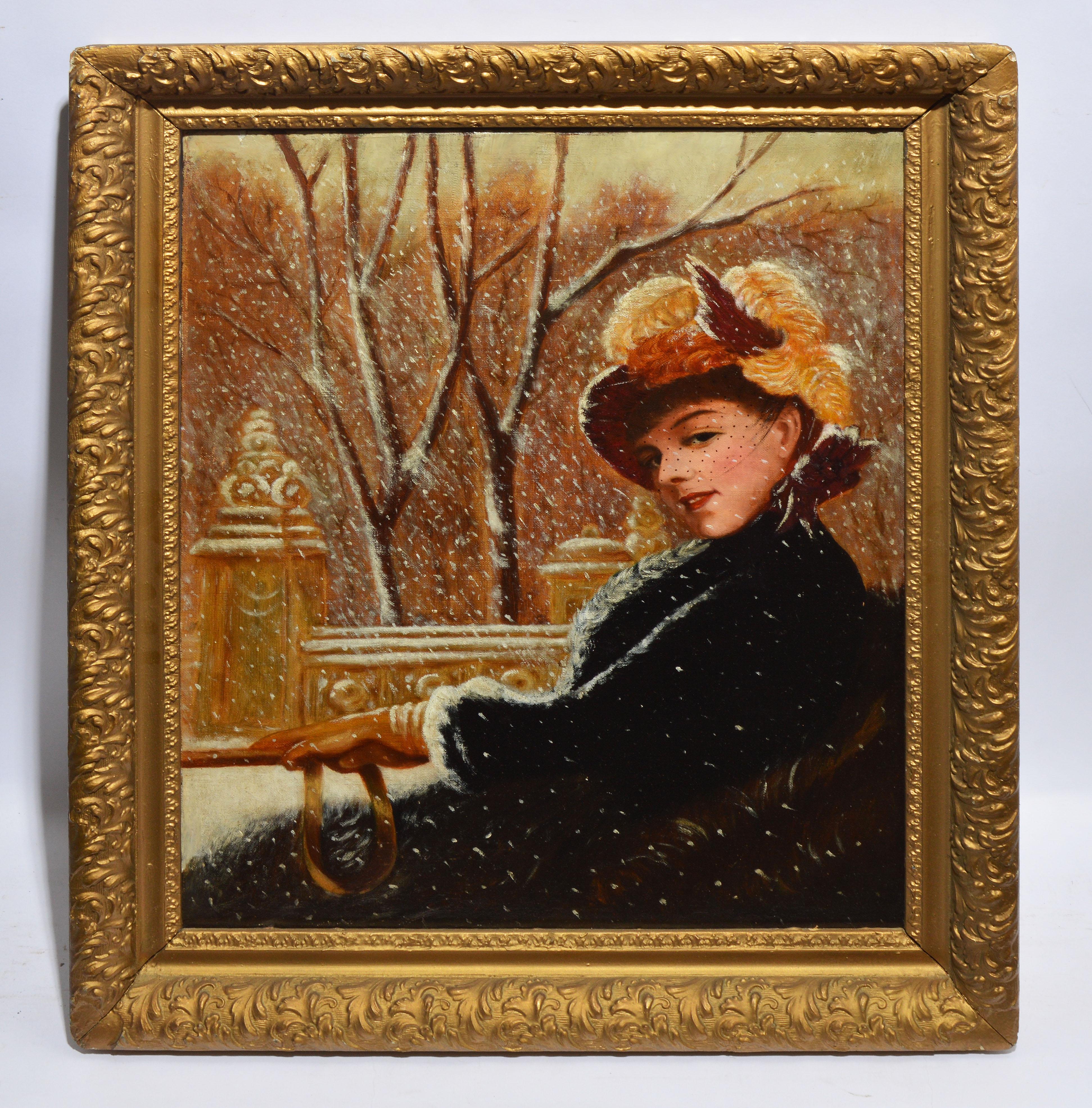 Antique American Impressionist Winter Portrait Painting by Herman Hyneman 1