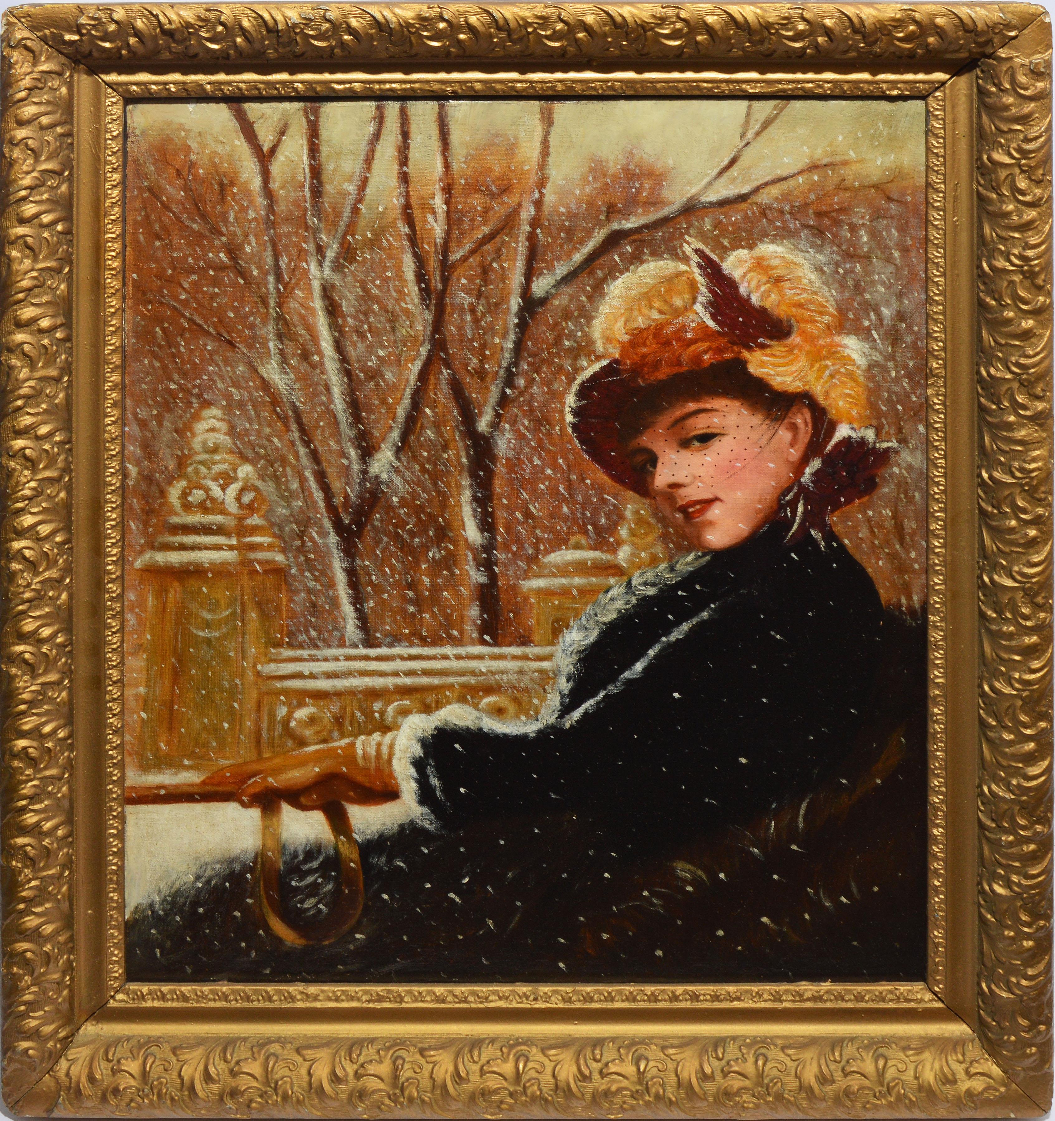Antique American winter portrait painting by Herman Hyneman  (1849 - 1907).  Oil on canvas, circa 1880.  Unsigned. 
 Displayed in a giltwood frame.  Image, 16"L x 20"H, overall 20"L x 24"H.