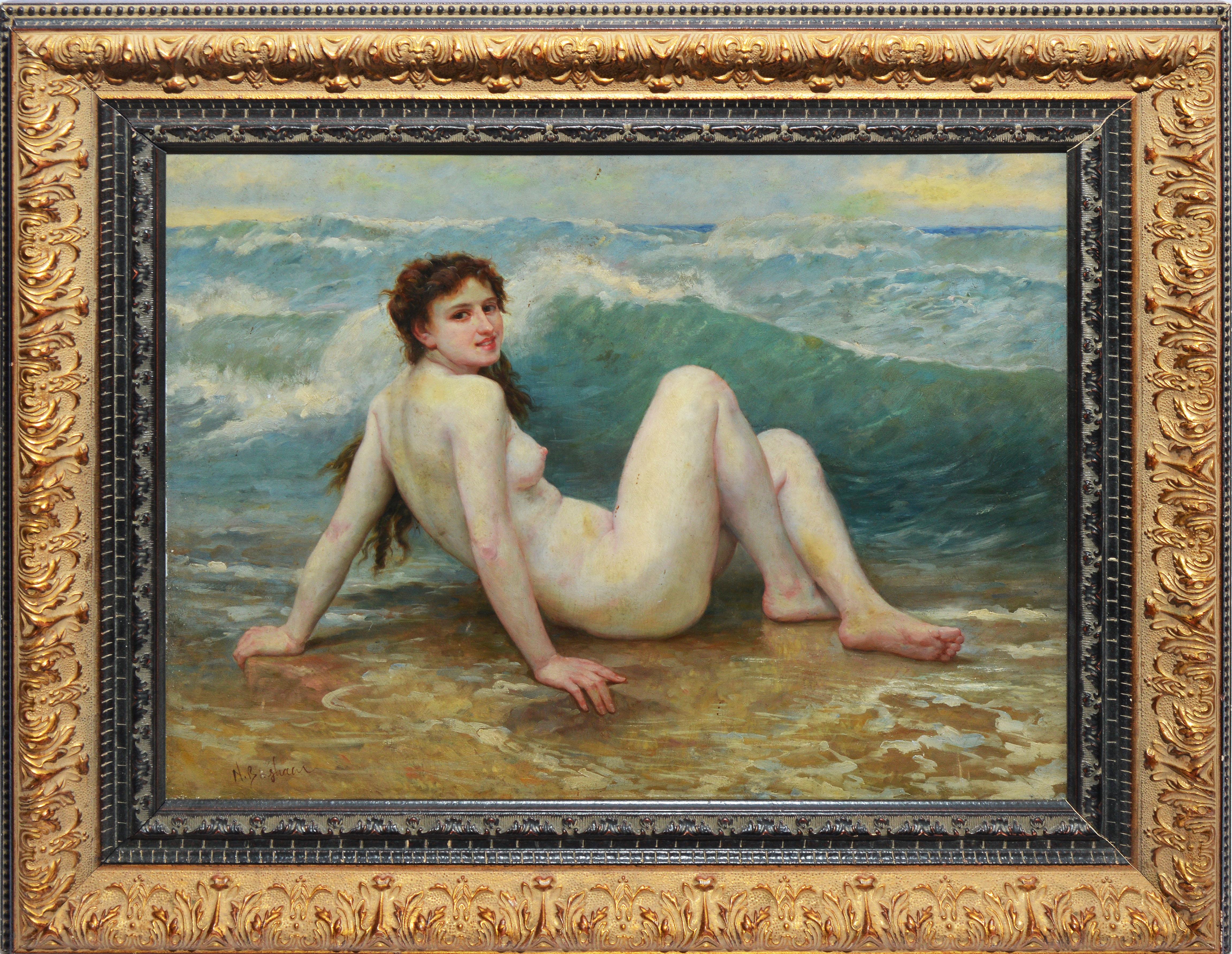 Unknown Nude Painting - Vintage American Impressionist Nude Woman Beach Oil Painting by N Henry Bingham