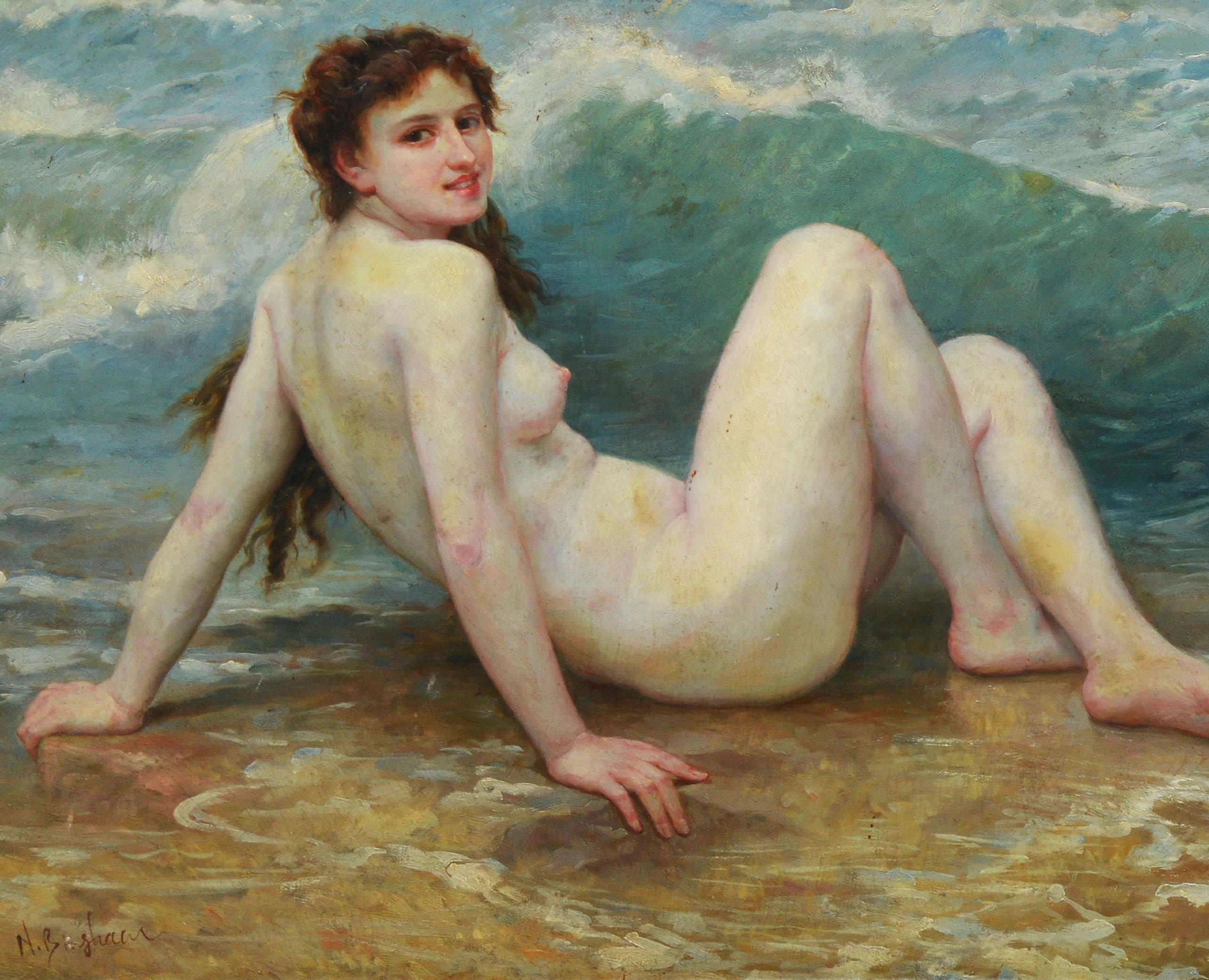 Vintage American Impressionist Nude Woman Beach Oil Painting by N Henry Bingham - Brown Nude Painting by Unknown