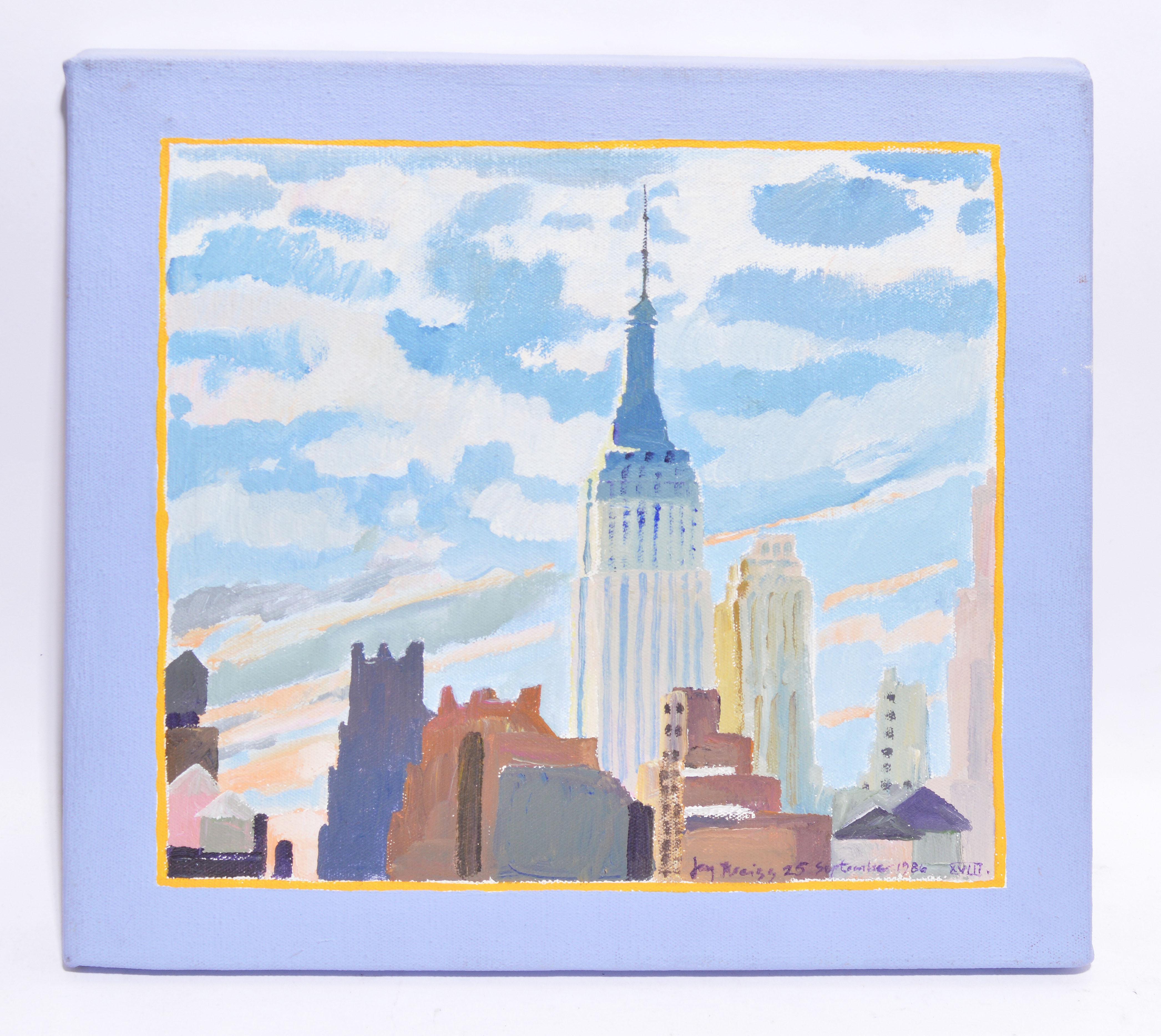 Vintage American modernist painting of the Empire State Building by Ejay Weiss.  Oil on canvas, circa 1986.  Signed lower right. Unframed.  Image, 12