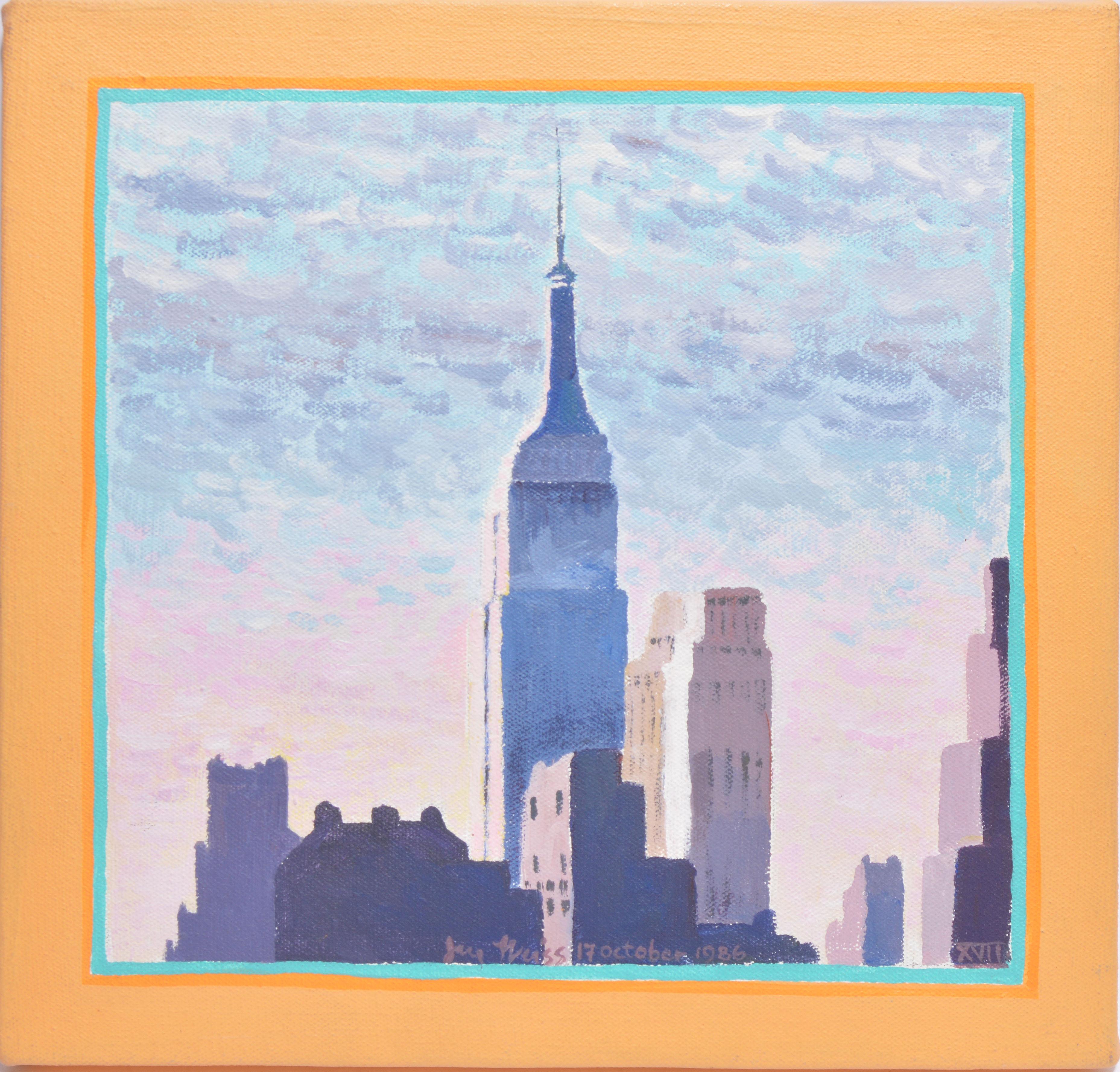 Vintage American modernist painting of the Empire State Building by Ejay Weiss.  Oil on canvas, circa 1986.  Signed lower right. Unframed.  Image, 12"L x 12"H.