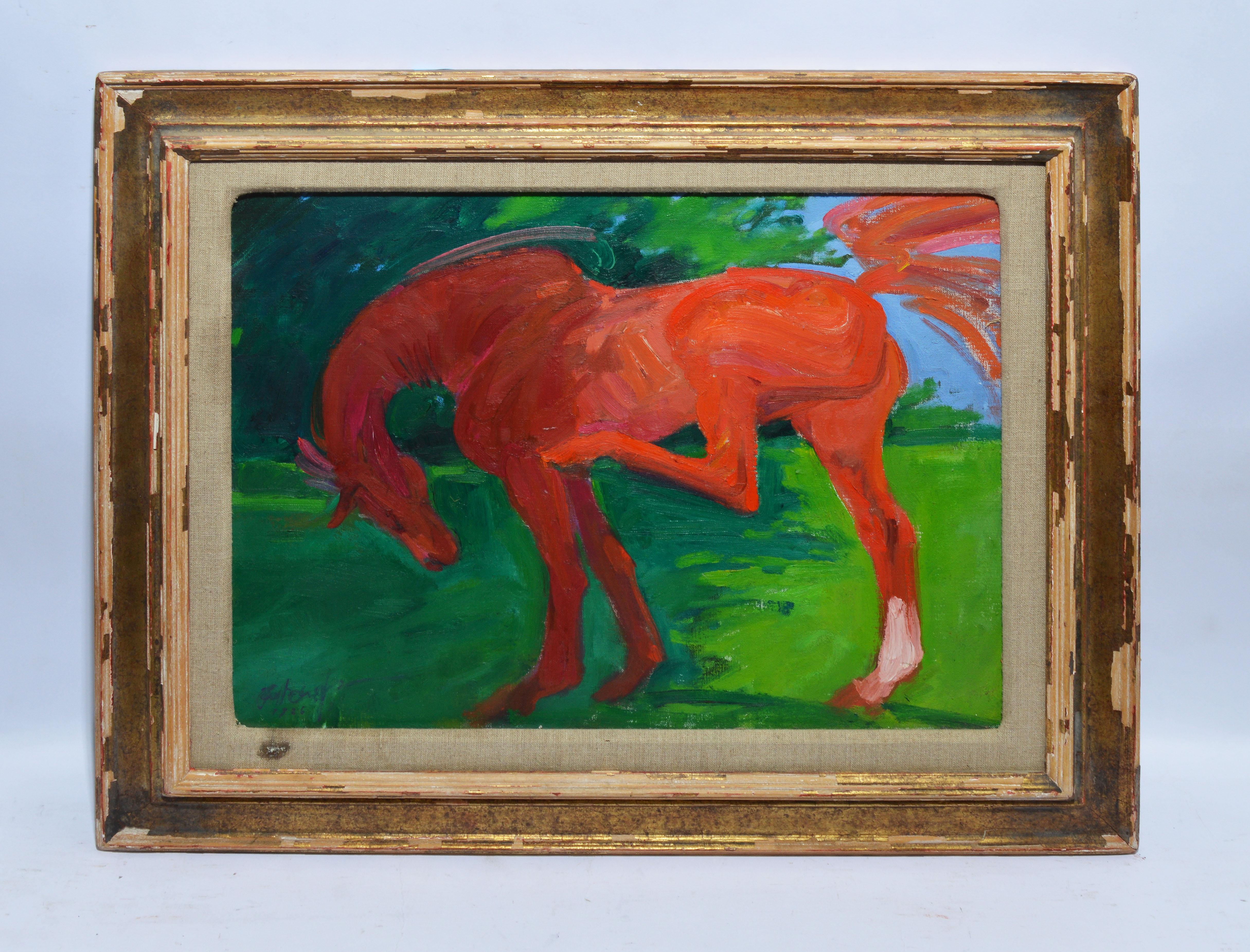 Vintage American landscape and horse portrait by Jon Zahourek  (born 1940).  Oil on canvas, circa 1960.  Signed and dated.  Displayed in a period giltwood frame.  Image, 20