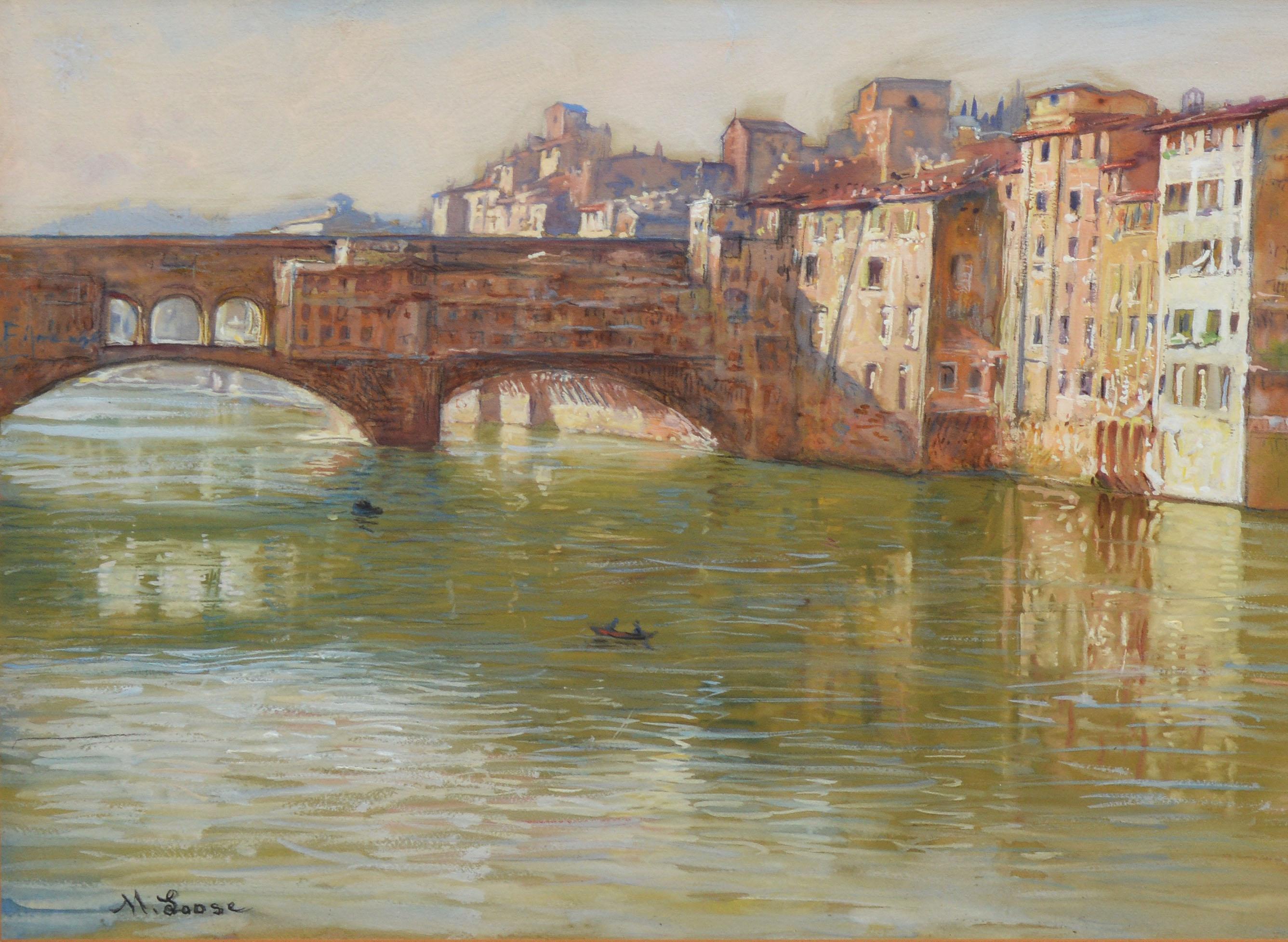 Antique Painting of Florence Italy, View of the Ponte Vecchio Bridge, Max Loose 1