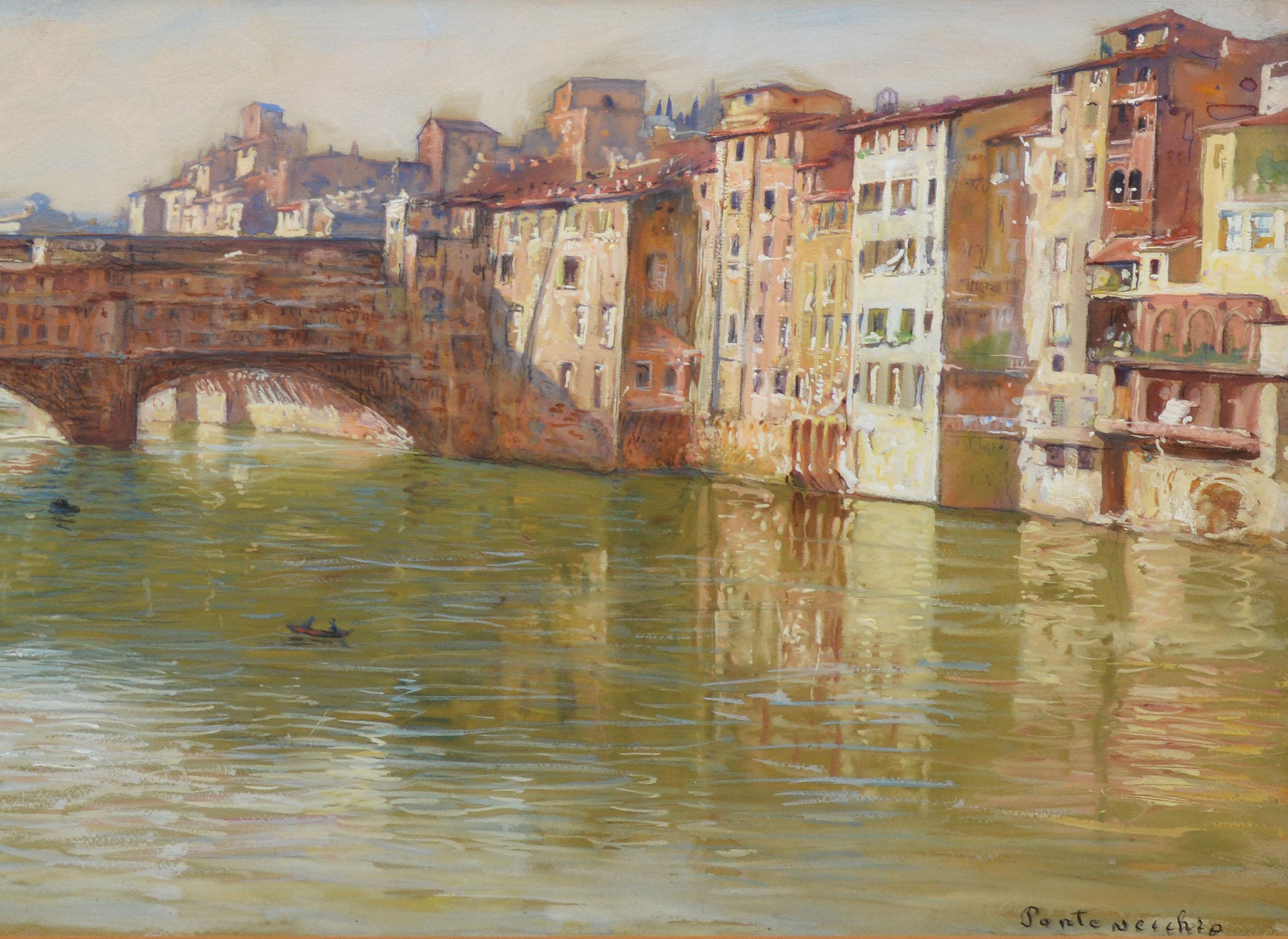 Antique impressionist view Florence by Max Loose  (born 1869).  Mixed media of oil, watercolor and gouache on paper, circa 1890.  Signed.  Displayed in a period frame.  Image, 19.5