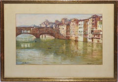Antique Painting of Florence Italy, View of the Ponte Vecchio Bridge, Max Loose