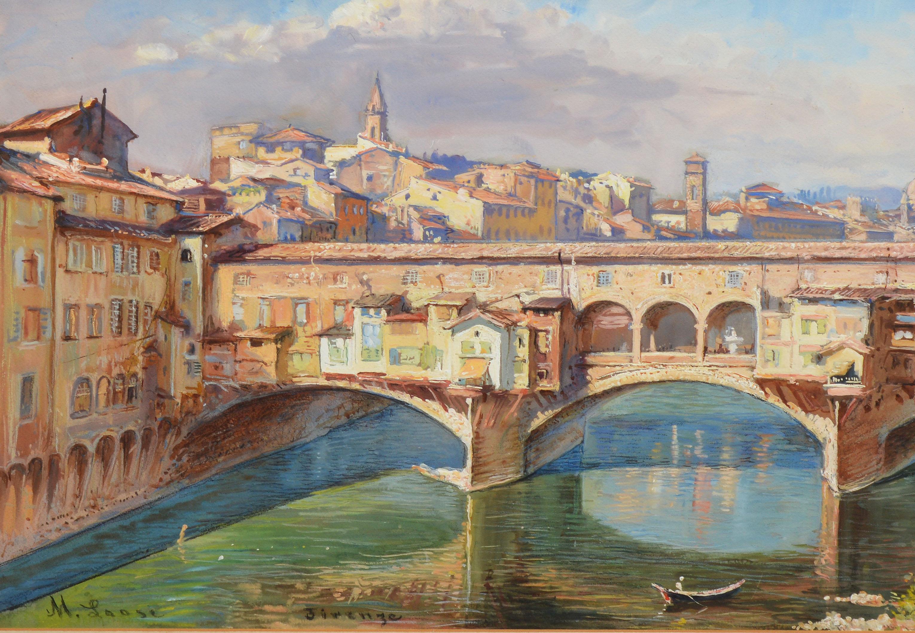 Antique Painting of Florence Italy, View of the Ponte Vecchio Bridge, Max Loose 1