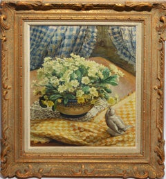 Vintage French Impressionist Still Life with Flowers 
Bird by Louise Cottin