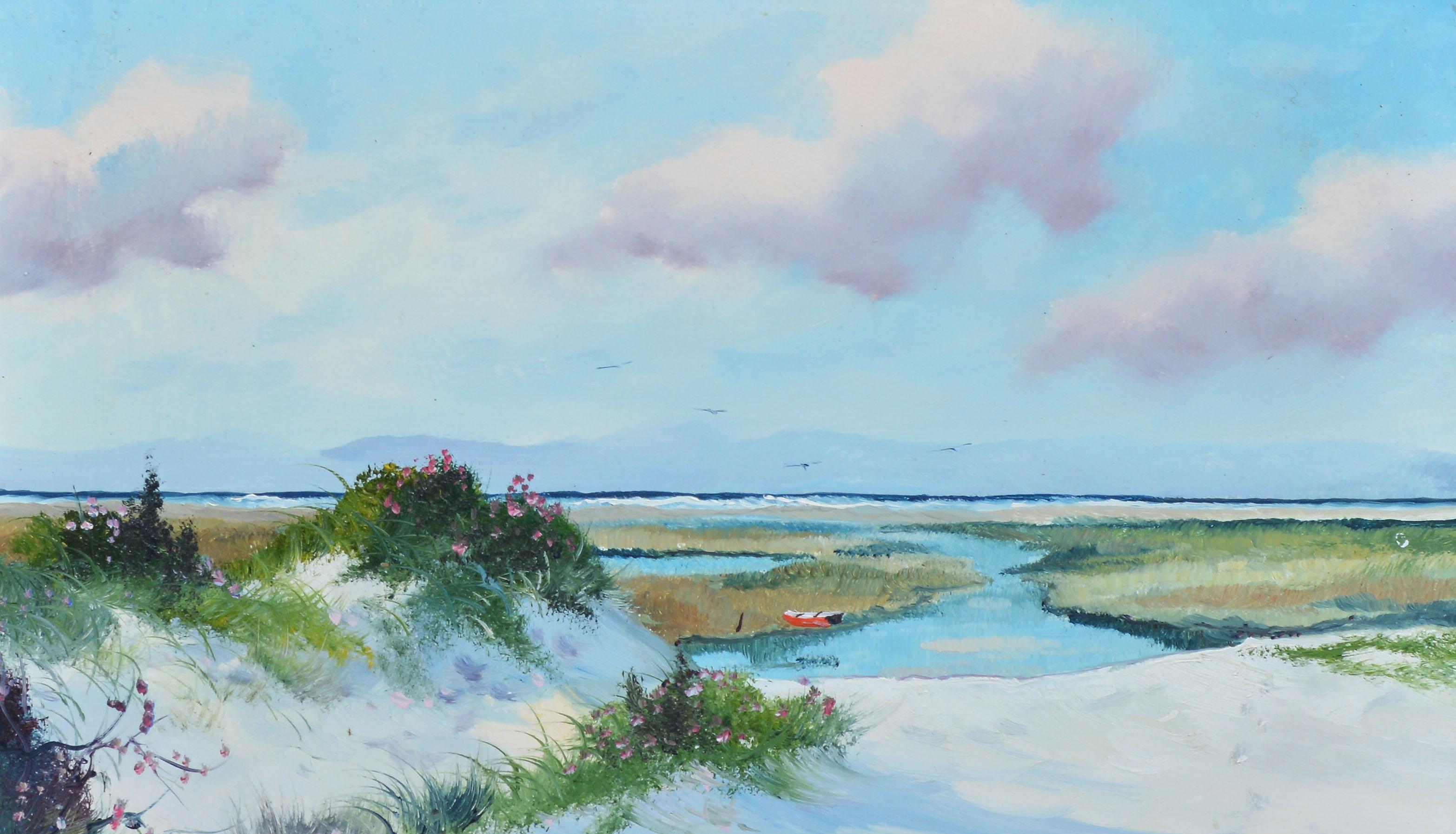 Antique impressionist view of a coast by Malcolm Waite.  Oil on board, circa 1950.  Signed.  Displayed in a silverwood frame.  Image, 14