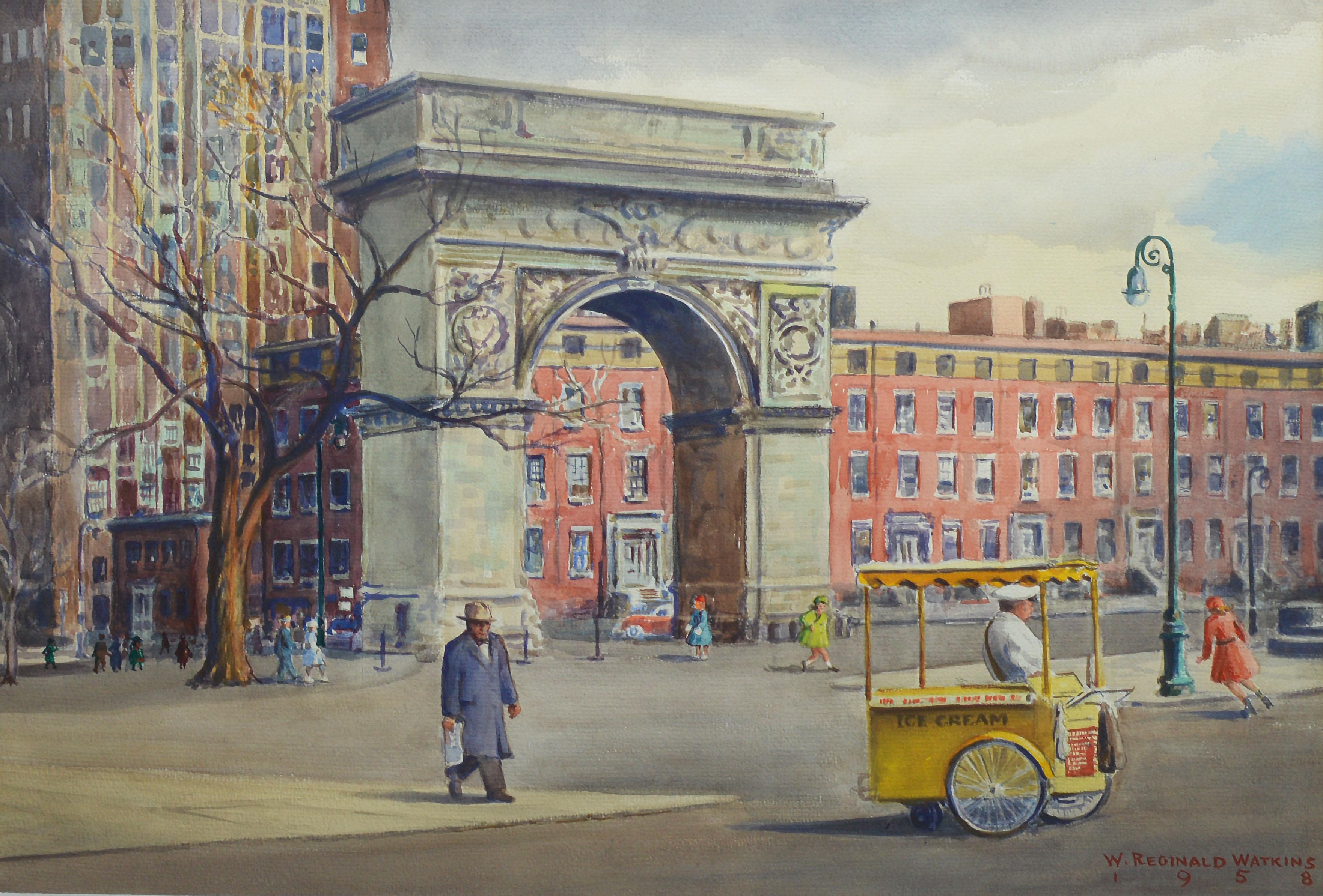Vintage American modernist painting of Washington Square Park by William Watkins  (1890 - 1985).  Watercolor and gouache on paper, circa 1958.  Signed.  Displayed in a gold frame.  Image, 28