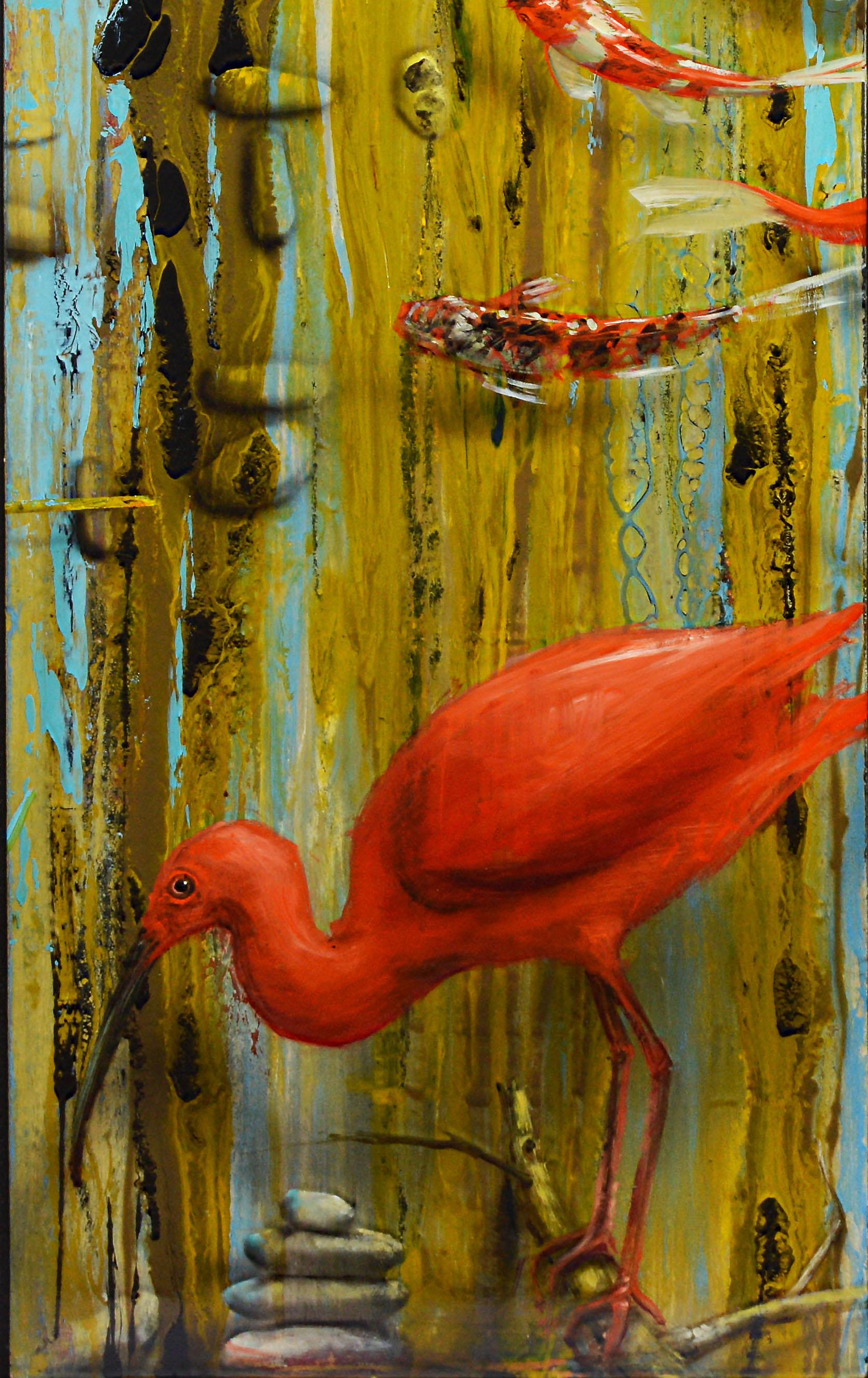 American Modern, Super Realist, Trompe L'Oeil Flamingo & Koi Fish Oil Painting - Brown Still-Life Painting by Jason Wheatley