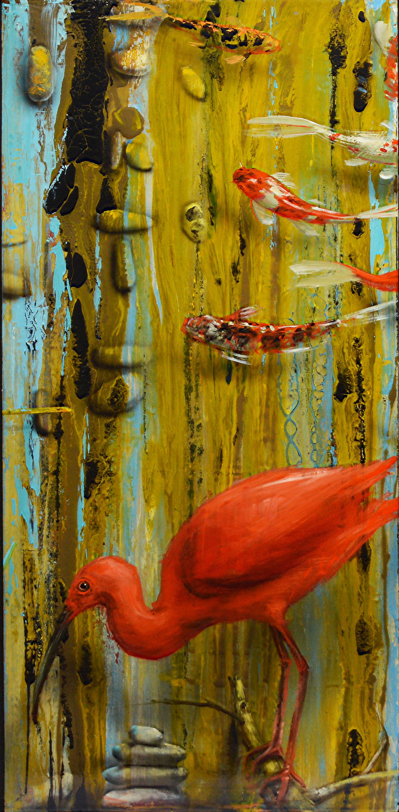 American Modern, Super Realist, Trompe L'Oeil Flamingo & Koi Fish Oil Painting 1