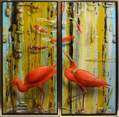 American Modern, Super Realist, Trompe L'Oeil Flamingo & Koi Fish Oil Painting
