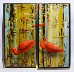 American Modern, Super Realist, Trompe L'Oeil Flamingo & Koi Fish Oil Painting