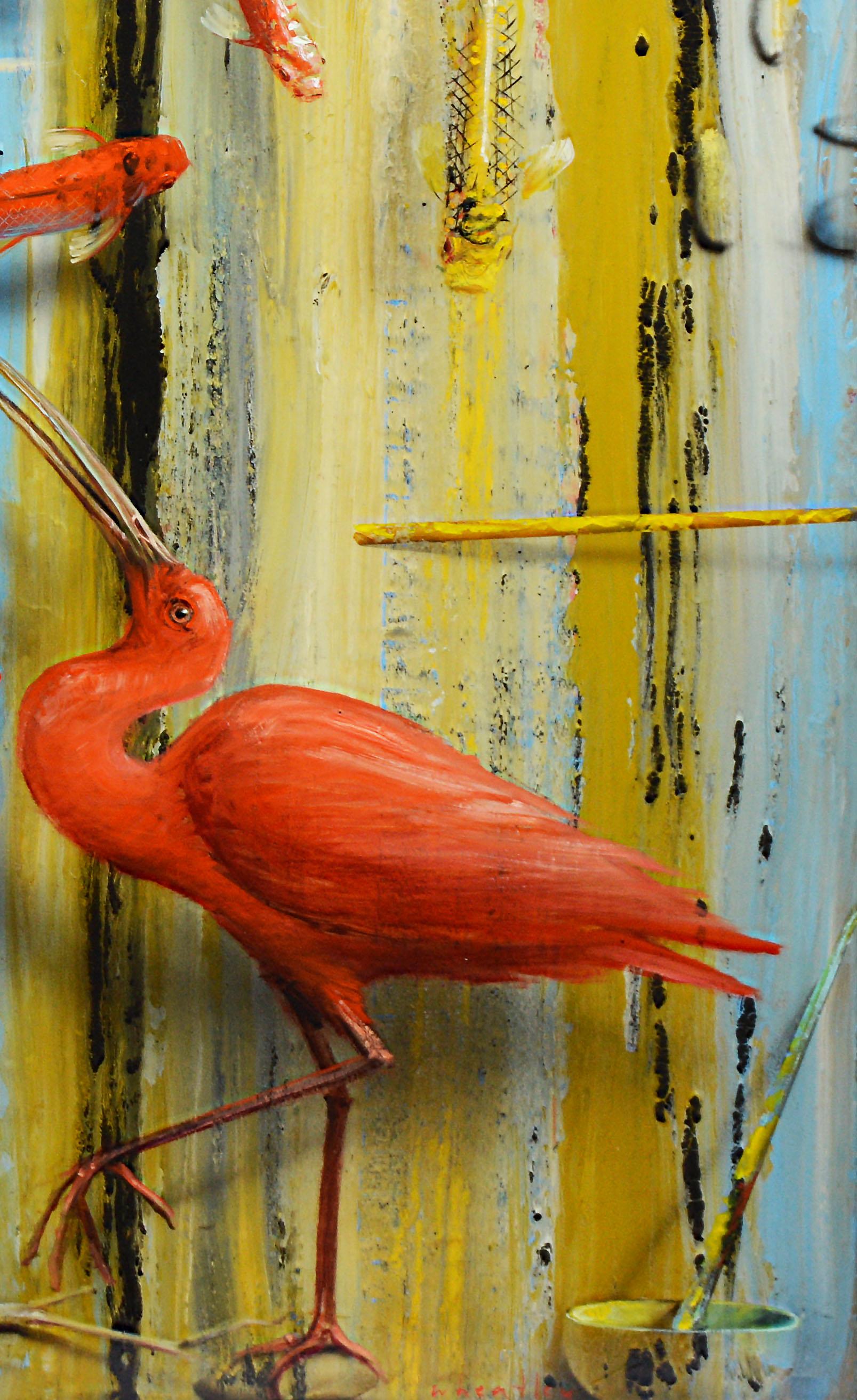 American Modern, Super Realist, Trompe L'Oeil Flamingo & Koi Fish Oil Painting 2