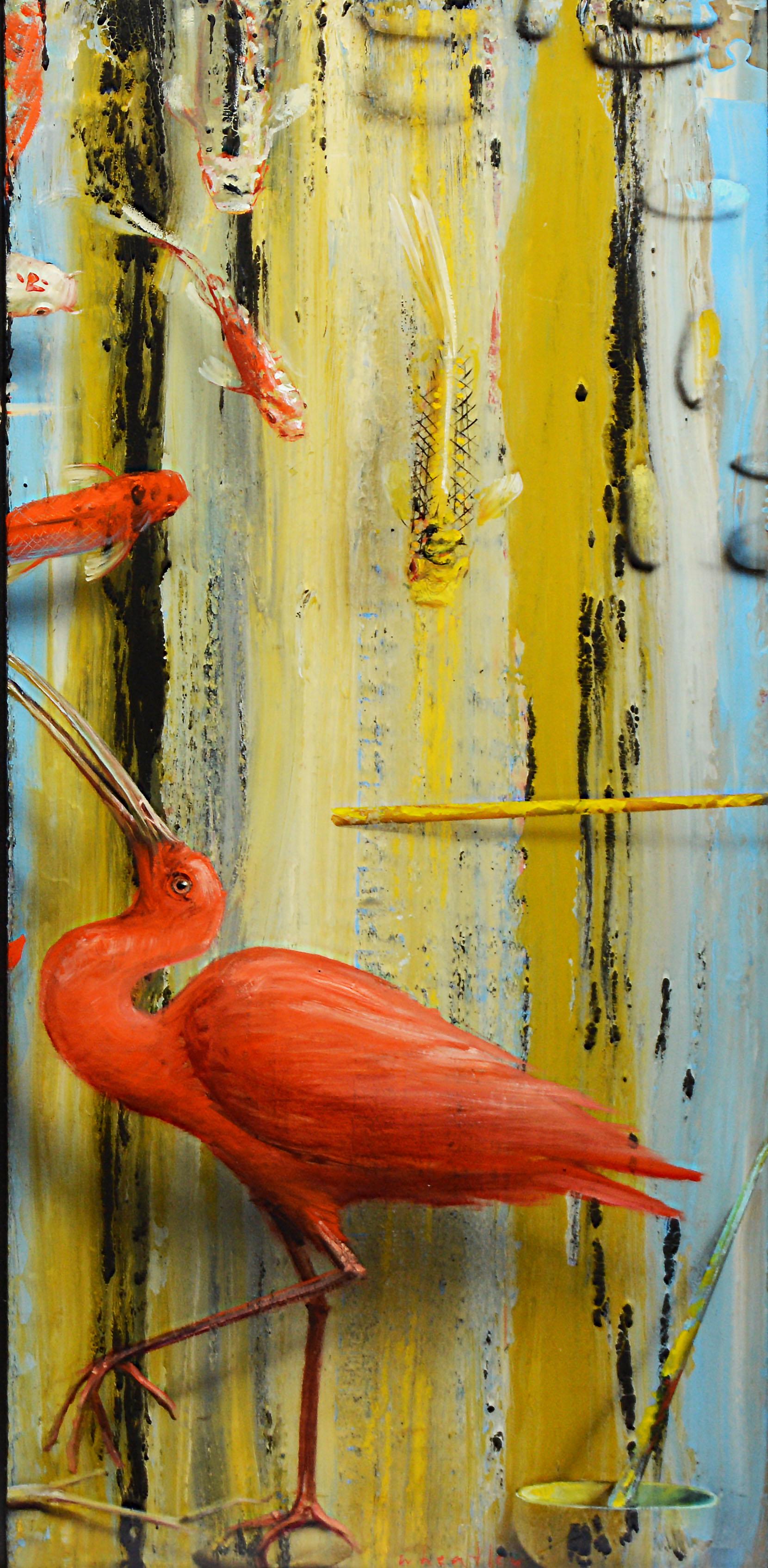 American Modern, Super Realist, Trompe L'Oeil Flamingo & Koi Fish Oil Painting 3