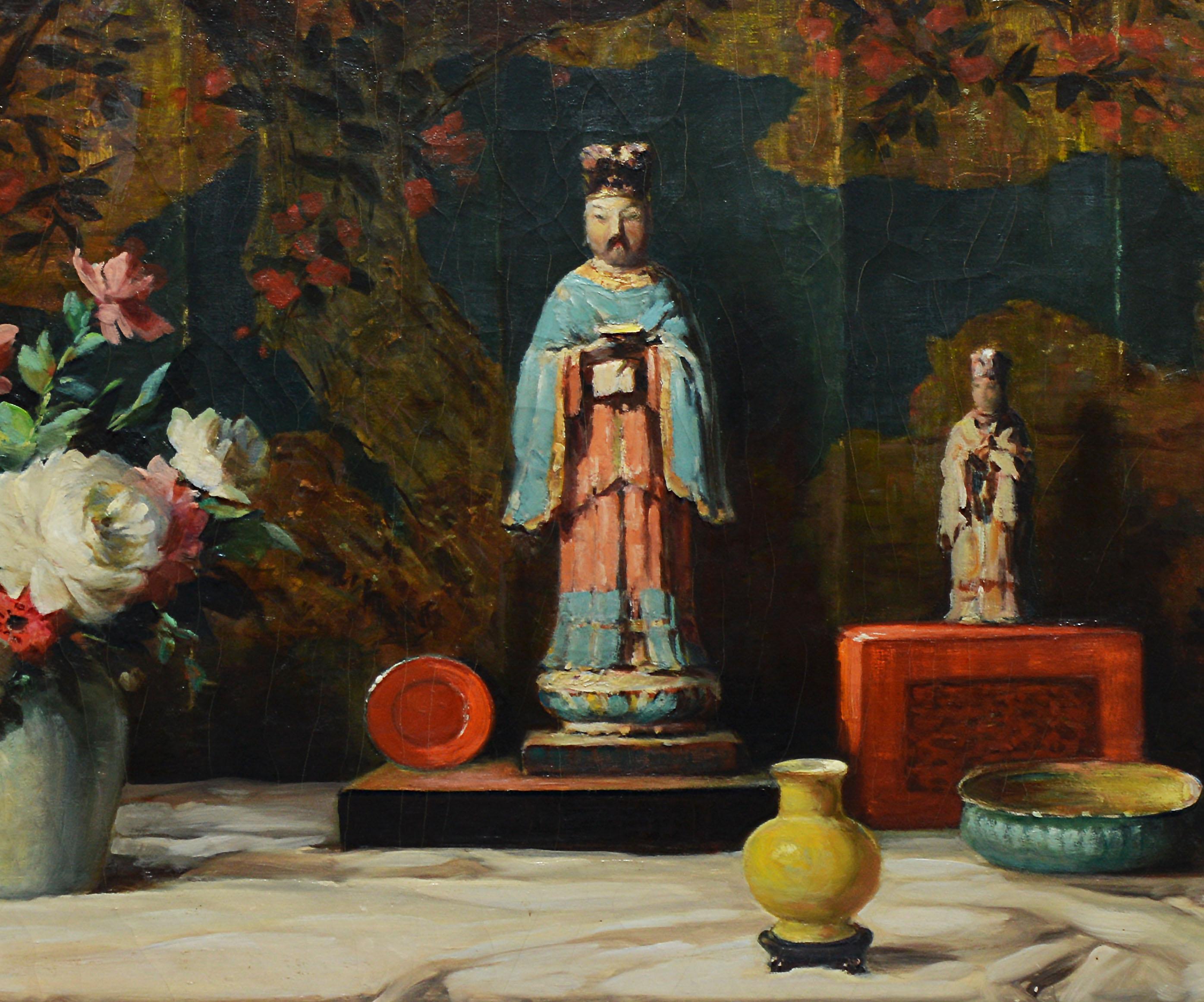 Antique American Flower Still Life with Chinoiserie by Vladimir Pavlosky  2