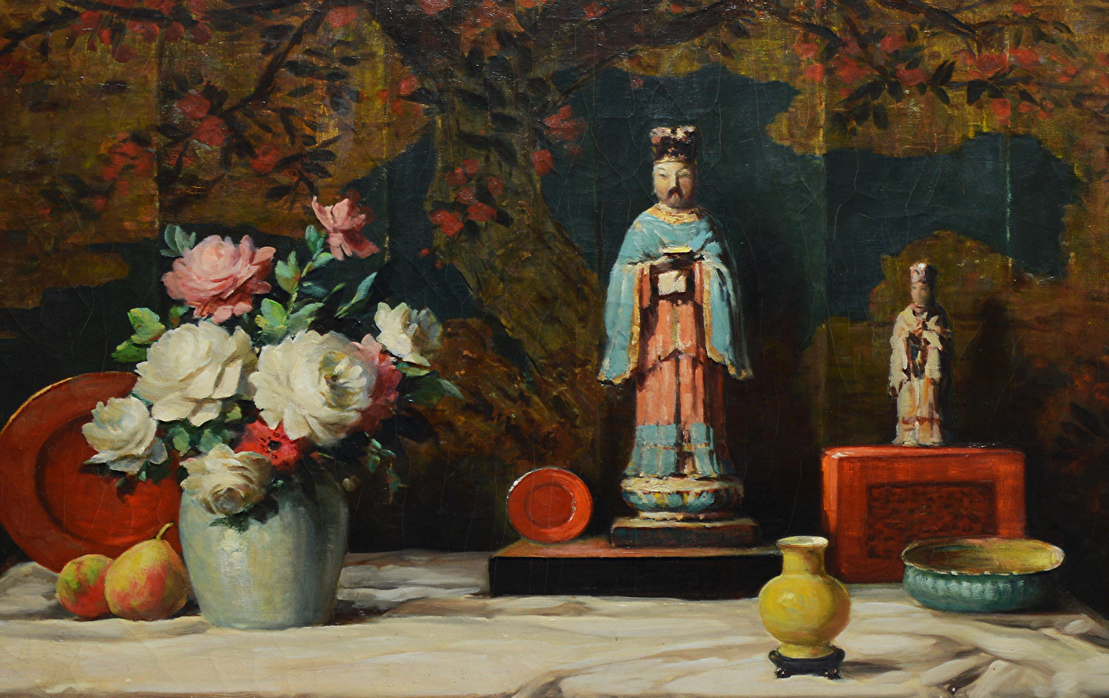 Antique American Flower Still Life with Chinoiserie by Vladimir Pavlosky  3