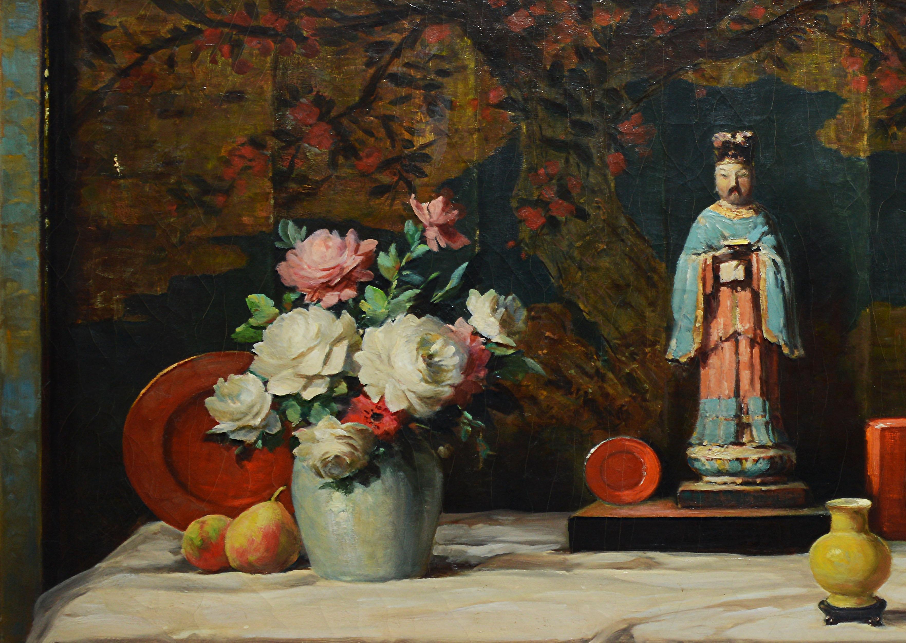 Antique American Flower Still Life with Chinoiserie by Vladimir Pavlosky  4