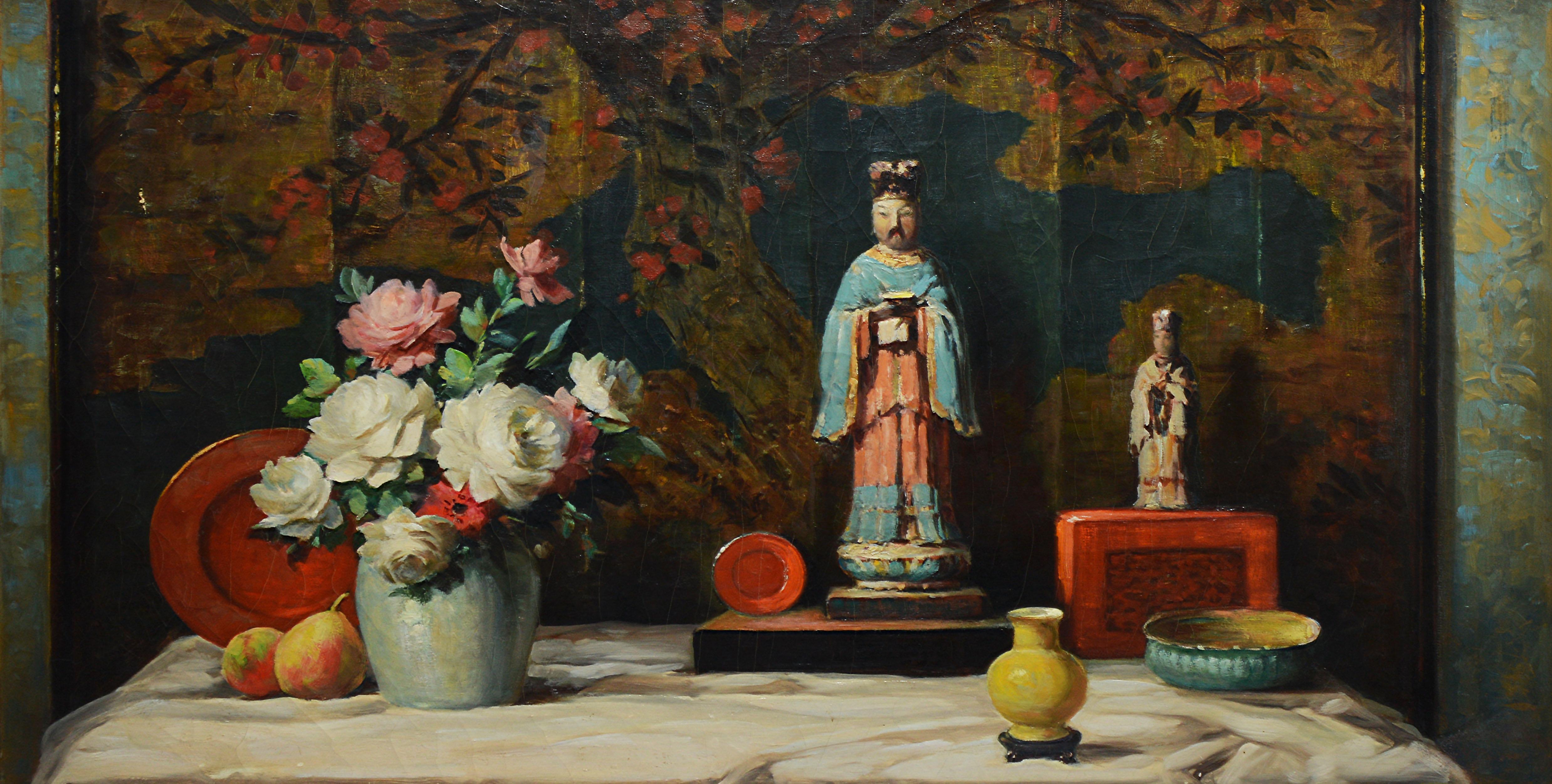 Antique American Flower Still Life with Chinoiserie by Vladimir Pavlosky  1