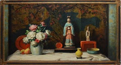 Antique American Flower Still Life with Chinoiserie by Vladimir Pavlosky