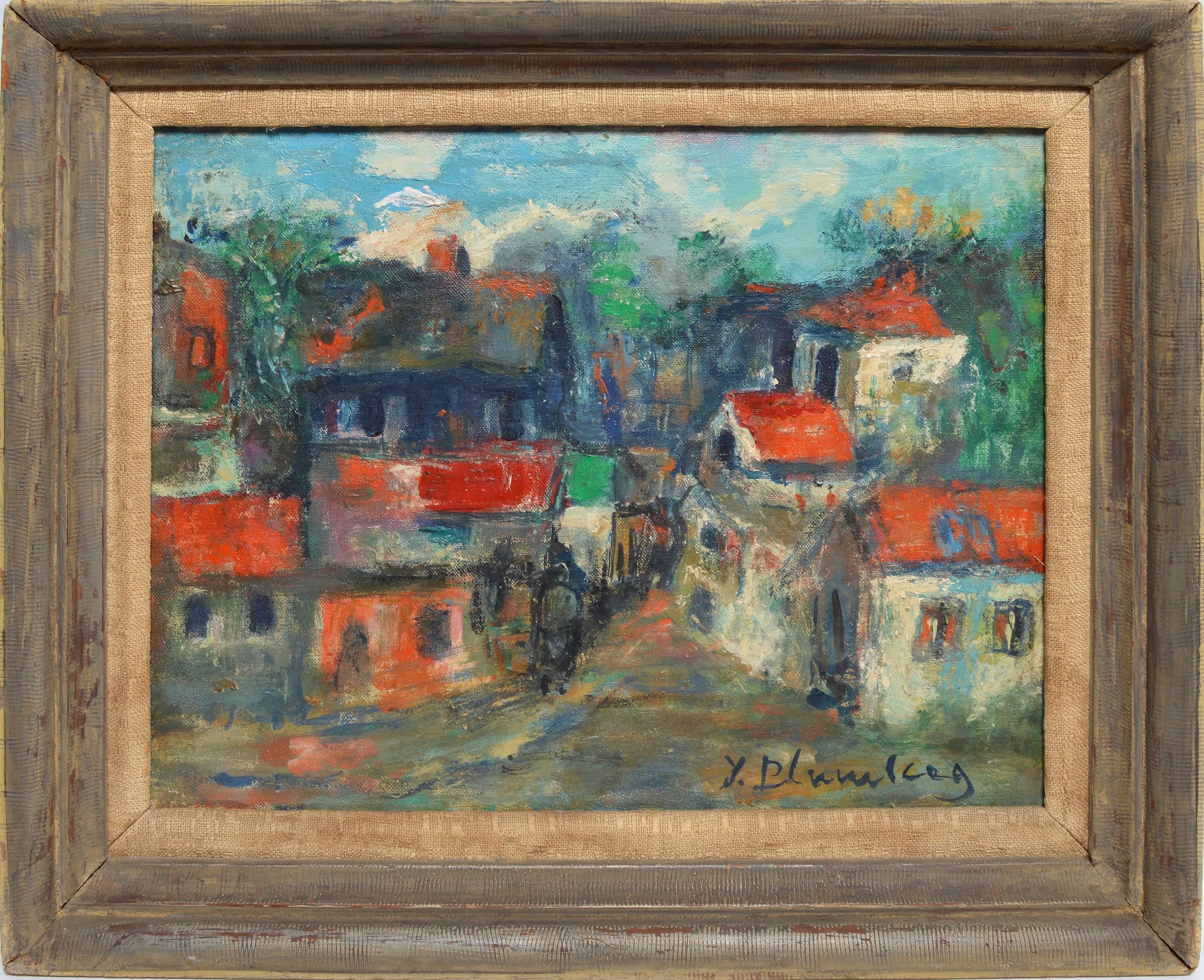 Modernist style view of a French town by Yuli Blumberg  (1894 - 1964).  Oil on canvas, circa 1930.  Signed lower right.  Displayed in a grey modernist frame.  Image size, 14"L x 11"H, overall 17"L x 14"H.