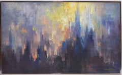 Vintage American Modernist Oil Painting of an Abstract Cityscape by Hergelroth