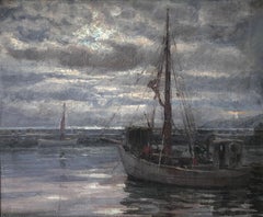 Original Antique Dutch Seascape Oil Painting Nocturnal Rare Original Frame 1937