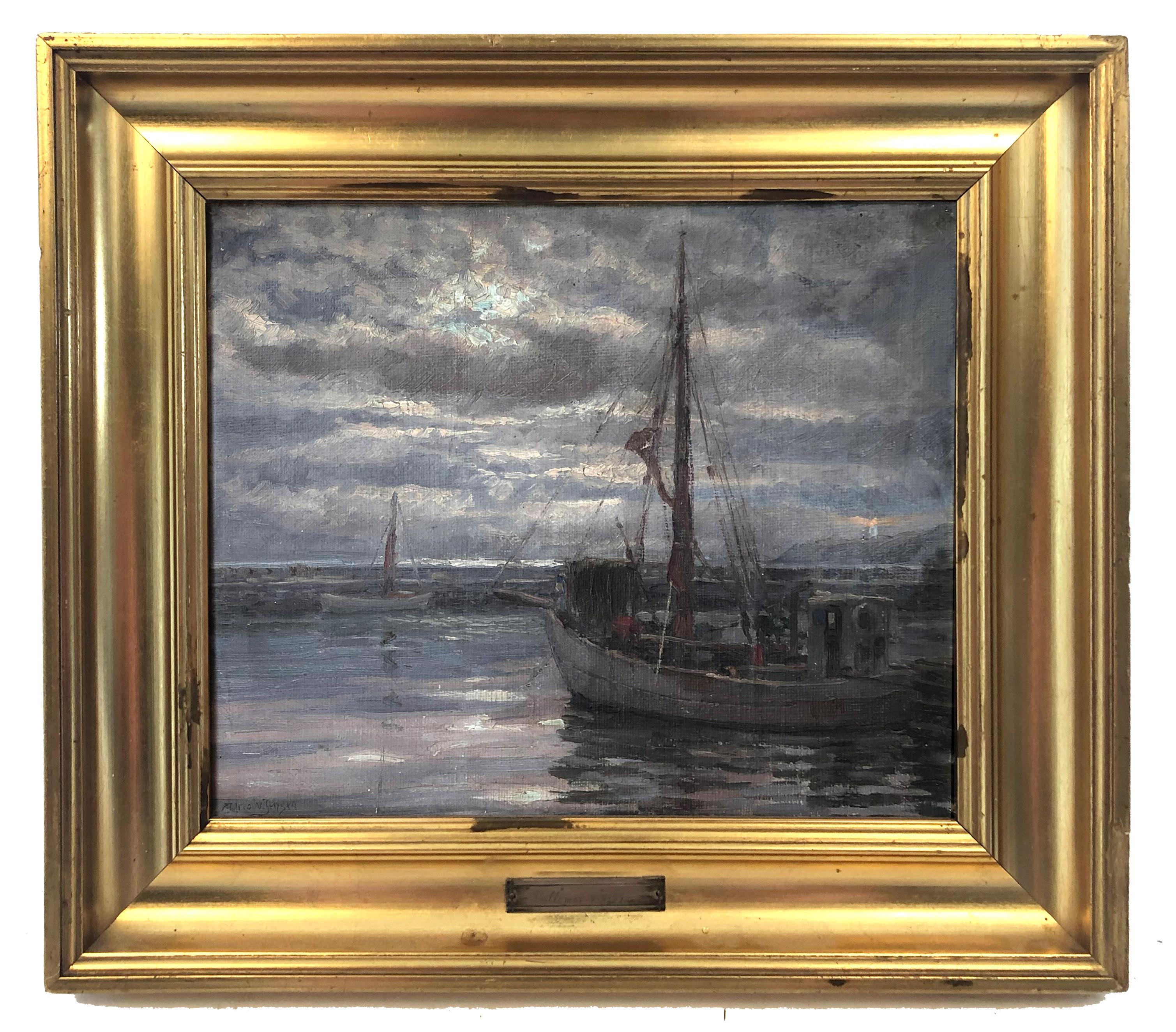 Alfred V Jensen Landscape Painting - Original Antique Dutch Seascape Oil Painting Nocturnal Rare Original Frame 1937