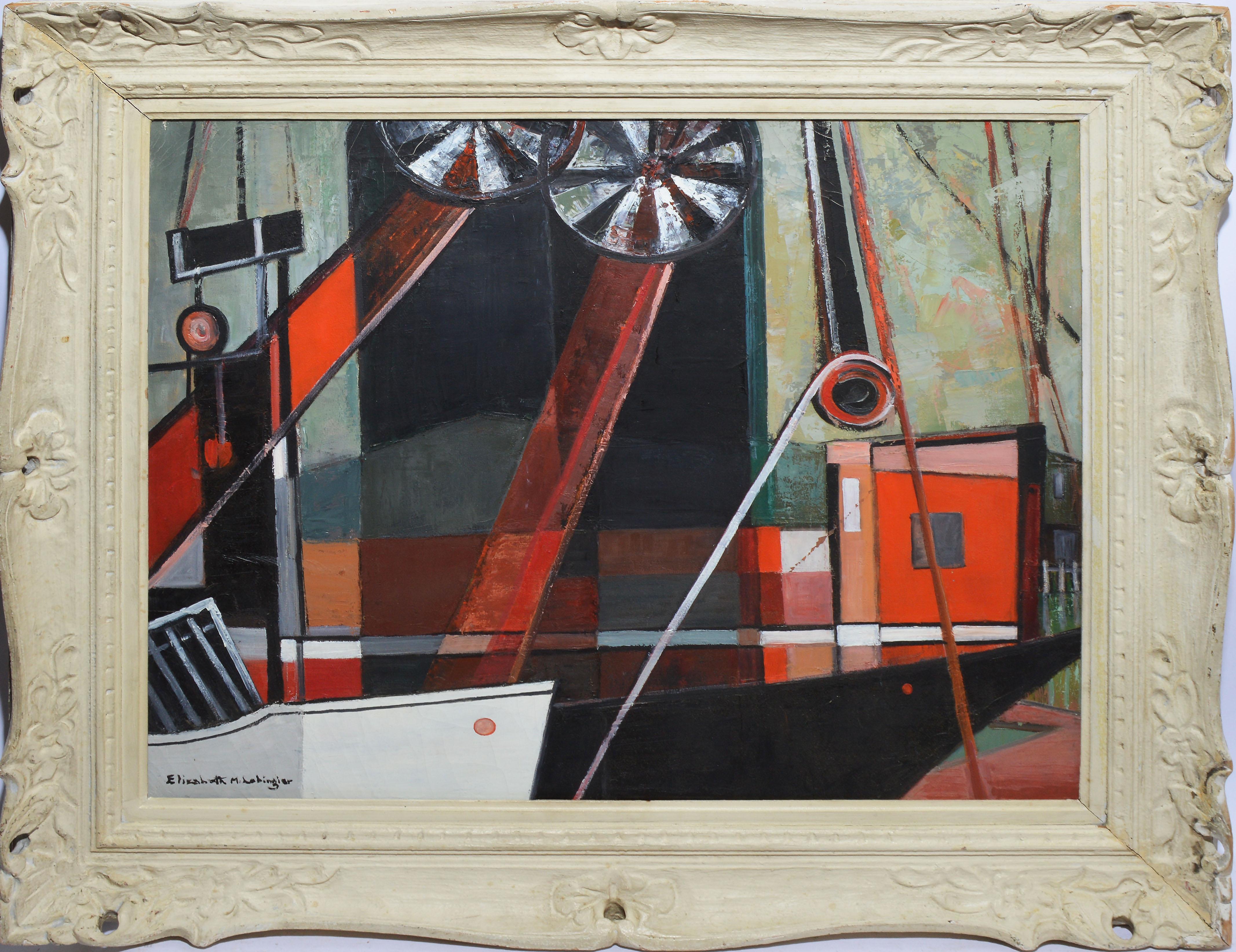 Vintage American modernist harbor view by Elizabeth Lobingier  (1889 - 1973).  Oil on canvas, circa 1950.  Signed.  Displayed in a white wood modernist frame.  Image, 30"L x 25"H, overall 38"L x 33"H.
