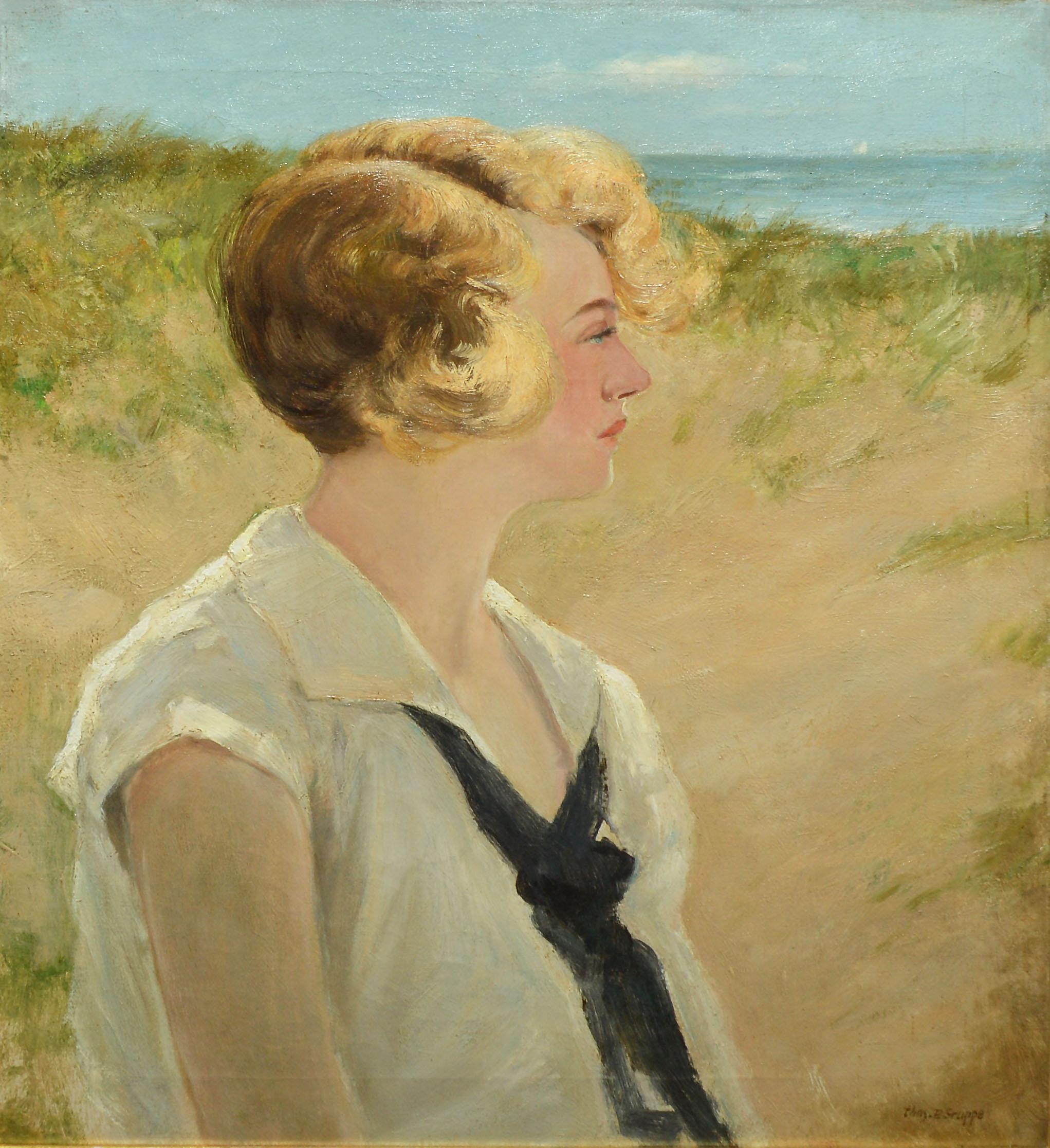 Antique Impressionist Seaside Beach Portrait Oil Painting by Charles Gruppe - Brown Landscape Painting by Frank Moratz   