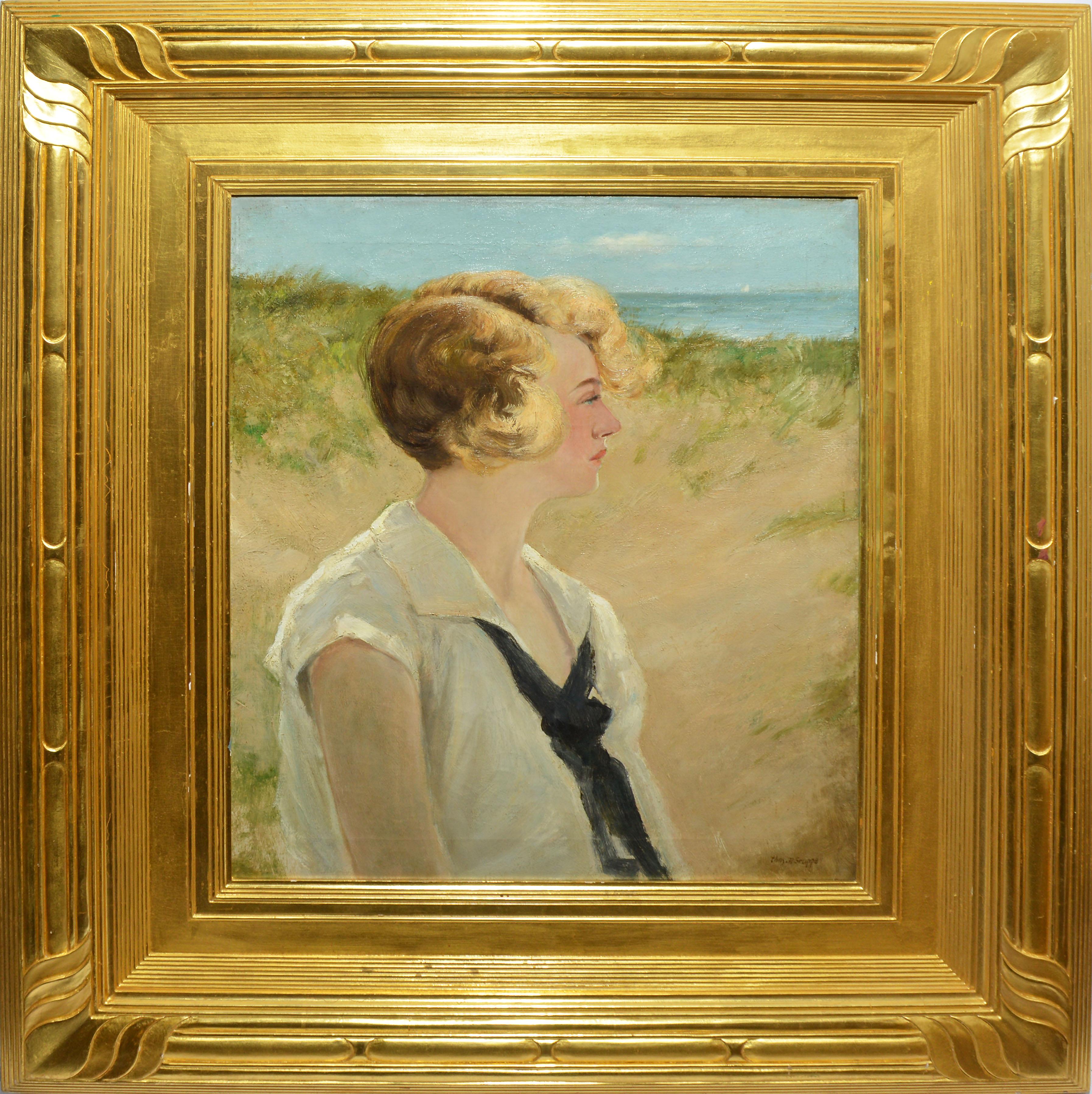 Frank Moratz    Landscape Painting - Antique Impressionist Seaside Beach Portrait Oil Painting by Charles Gruppe