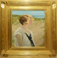 Antique Impressionist Seaside Beach Portrait Oil Painting by Charles Gruppe