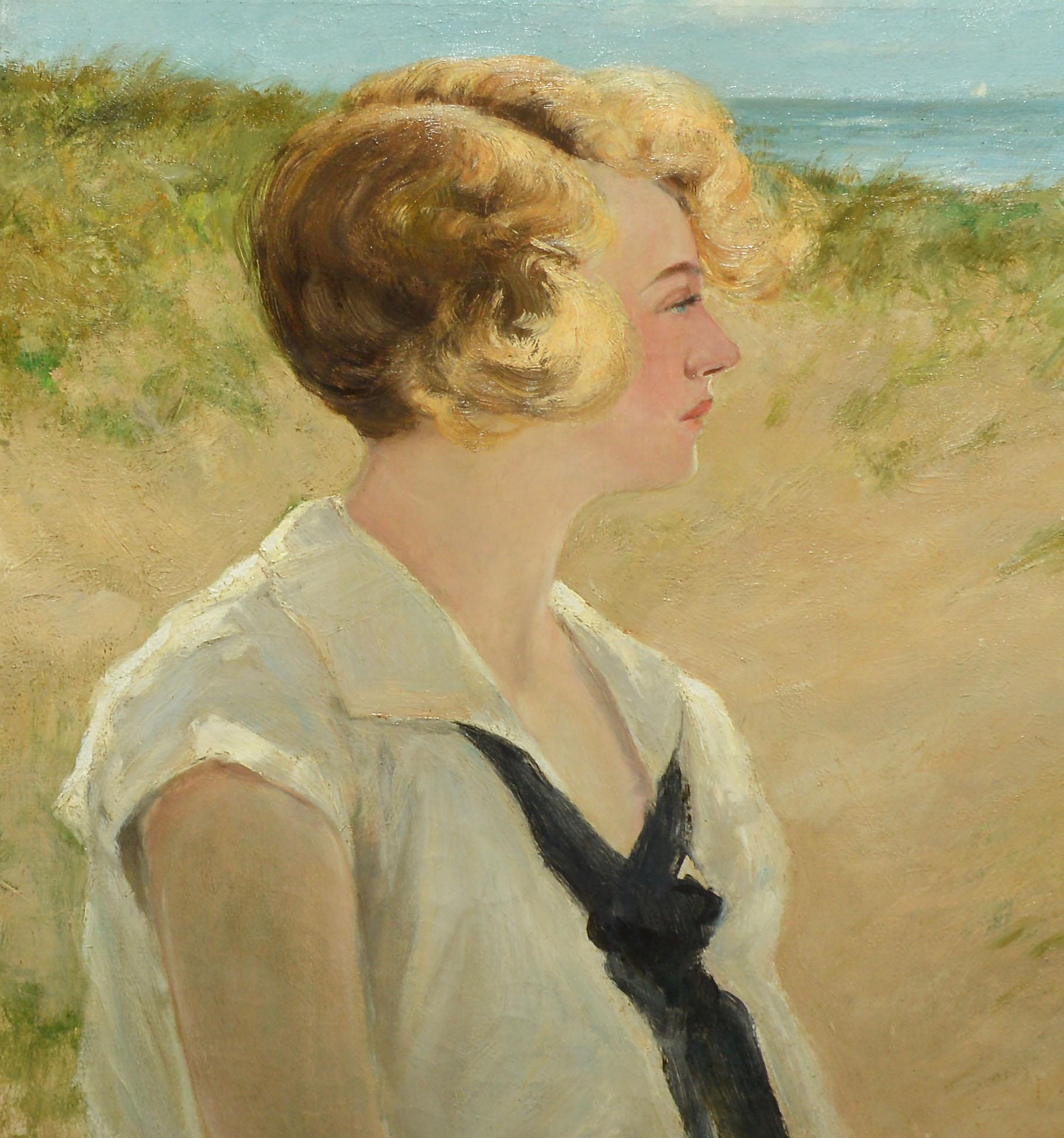 Antique American impressionist painting of a young woman near the beach by Charles Paul Gruppe  (1860 - 1940).  Oil on canvas, circa 1910.  Signed.  Displayed in a giltwood frame.  Image, 20