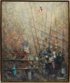 Vintage Modern Italian School Abstract Harbor View Oil Painting