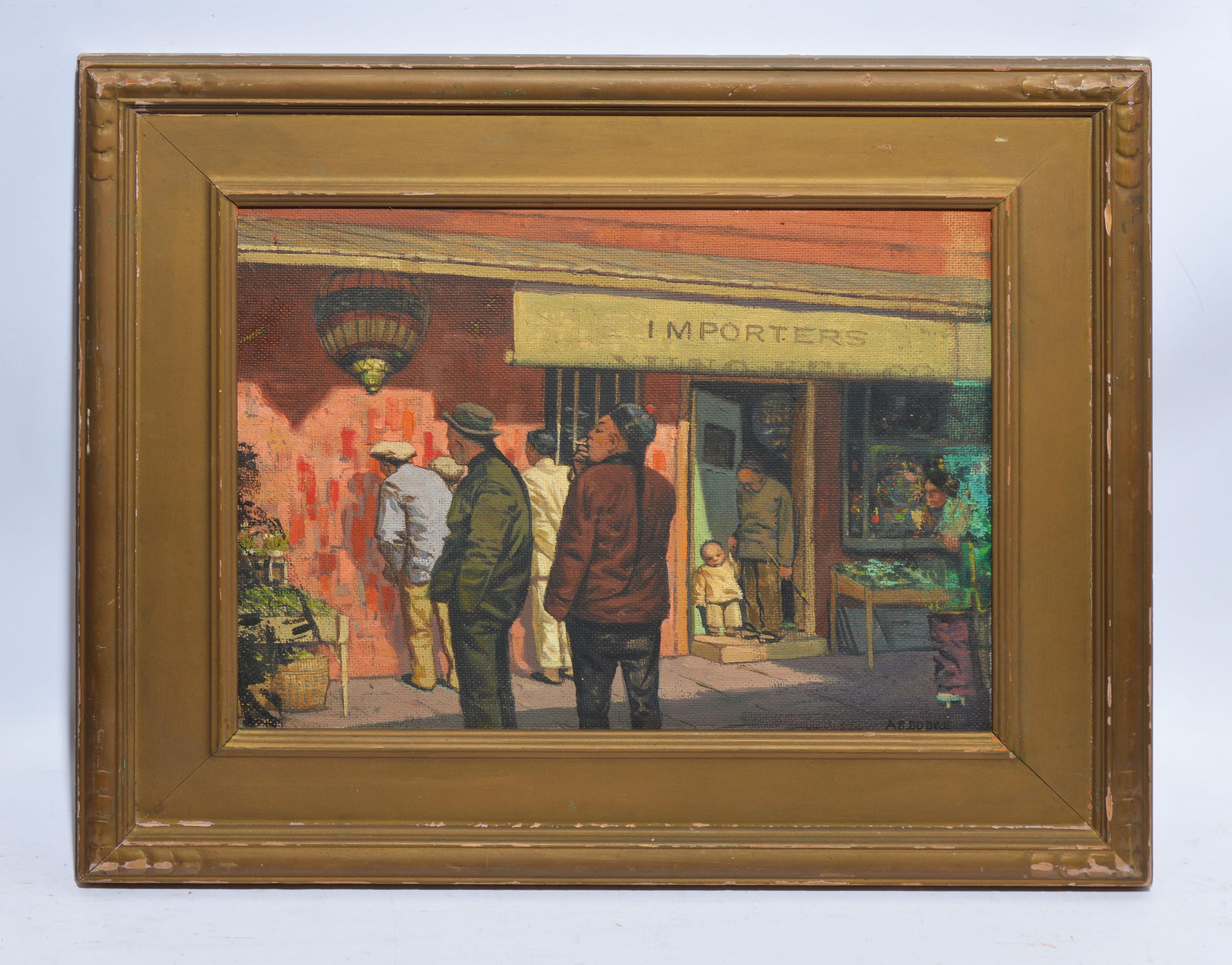 Antique American Modernist Street Scene, Chinatown San Francisco by Arthur Dodge - Painting by Arthur Burnside Dodge