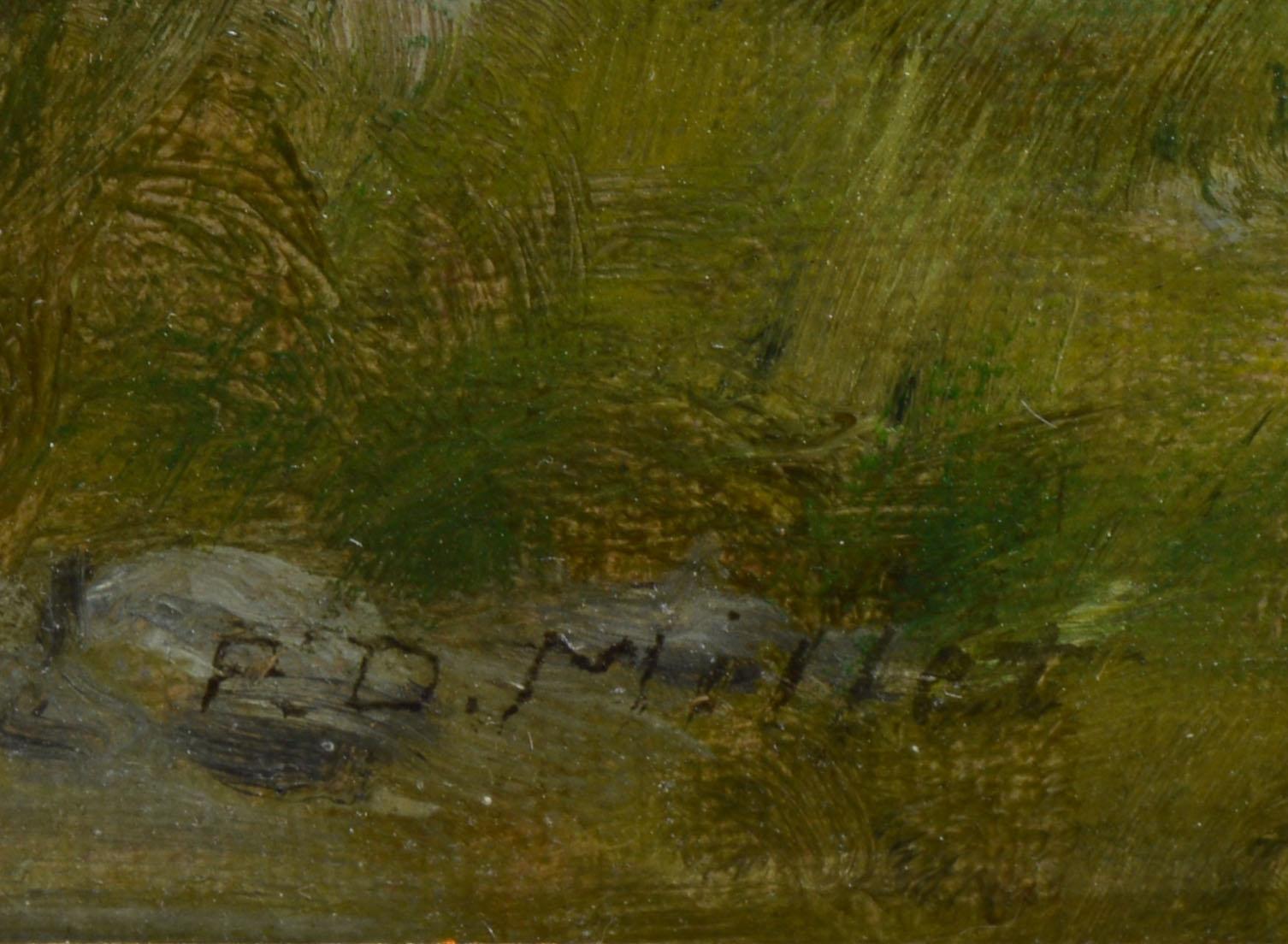 Antique American expansive river landscape by Francis Davis Millet  (1846 - 1912). Oil on canvas, circa 1890.  Signed on.  Displayed in a giltwood frame.  Image, 24
