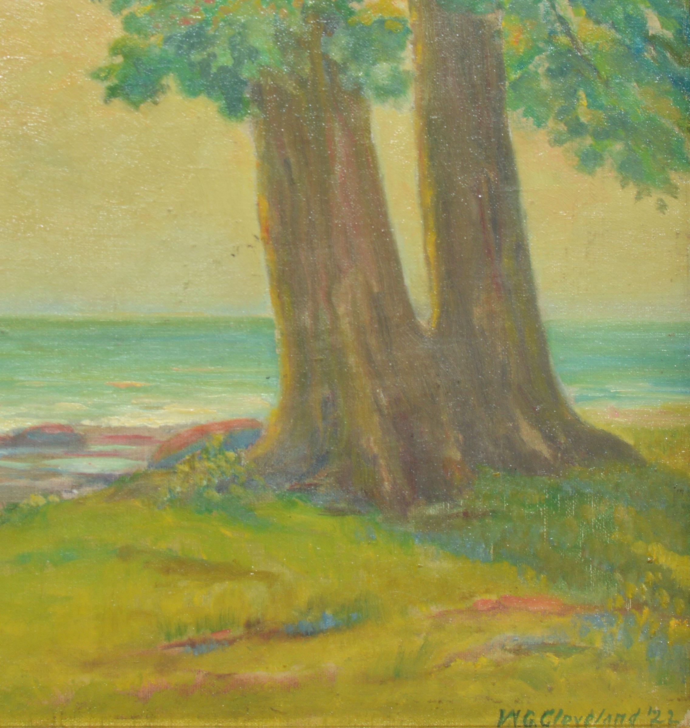 Impressionist view of a beach by Walter Cleveland.  Oil on board, circa 1900.  Signed.  Displayed in a period blackwood frame.  Image, 10