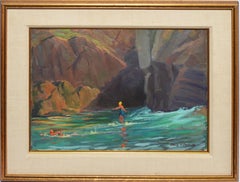 Antique Impressionist Seascape Painting with Bathers by Alling MacKaye Clements