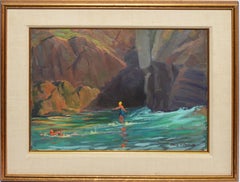 Antique Impressionist Seascape Painting with Bathers by Alling MacKaye Clements