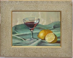 Vintage American Modernist Still Life Painting, Wine and Lemons Stephen Maniatty