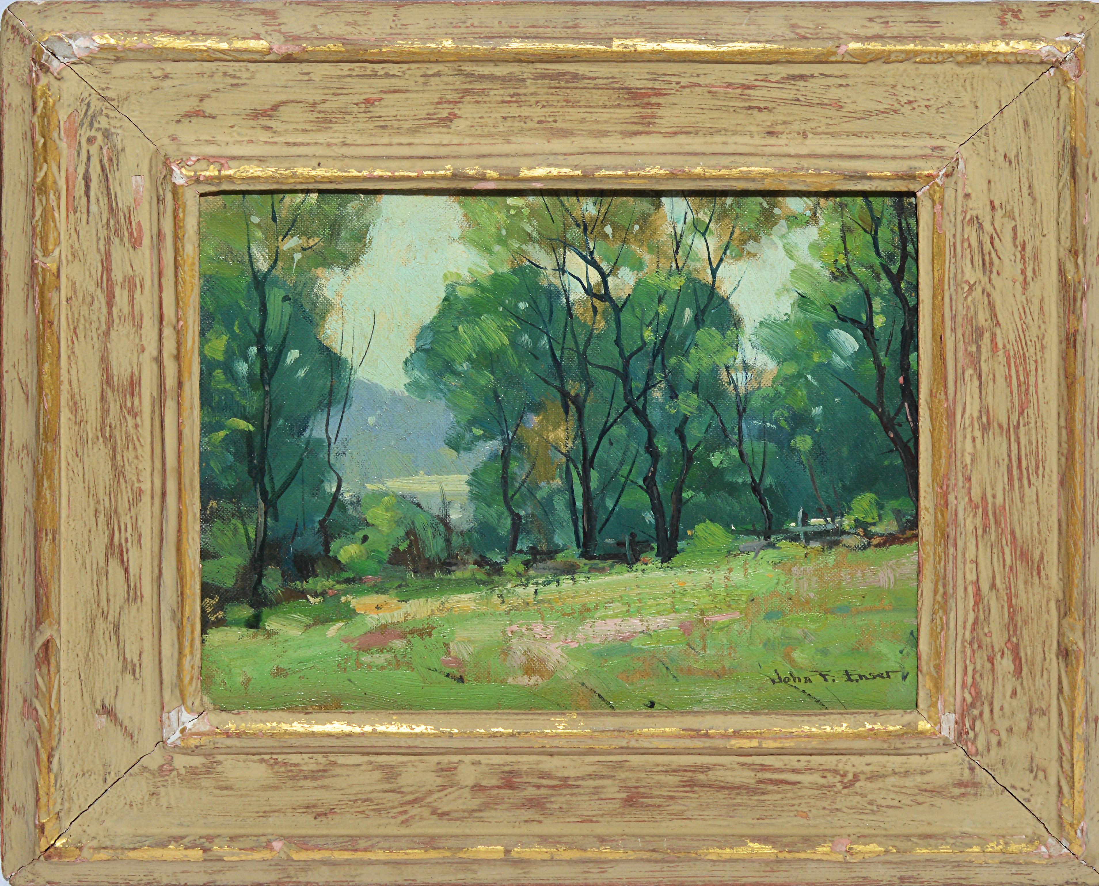Antique impressionist landscape oil painting by John Enser  (1898 - 1968). Oil on board, circa 1920.  Signed.  Displayed in a period arts and crafts frame.  Image, 10"L x 8"H, overall 16"L x 14"H.