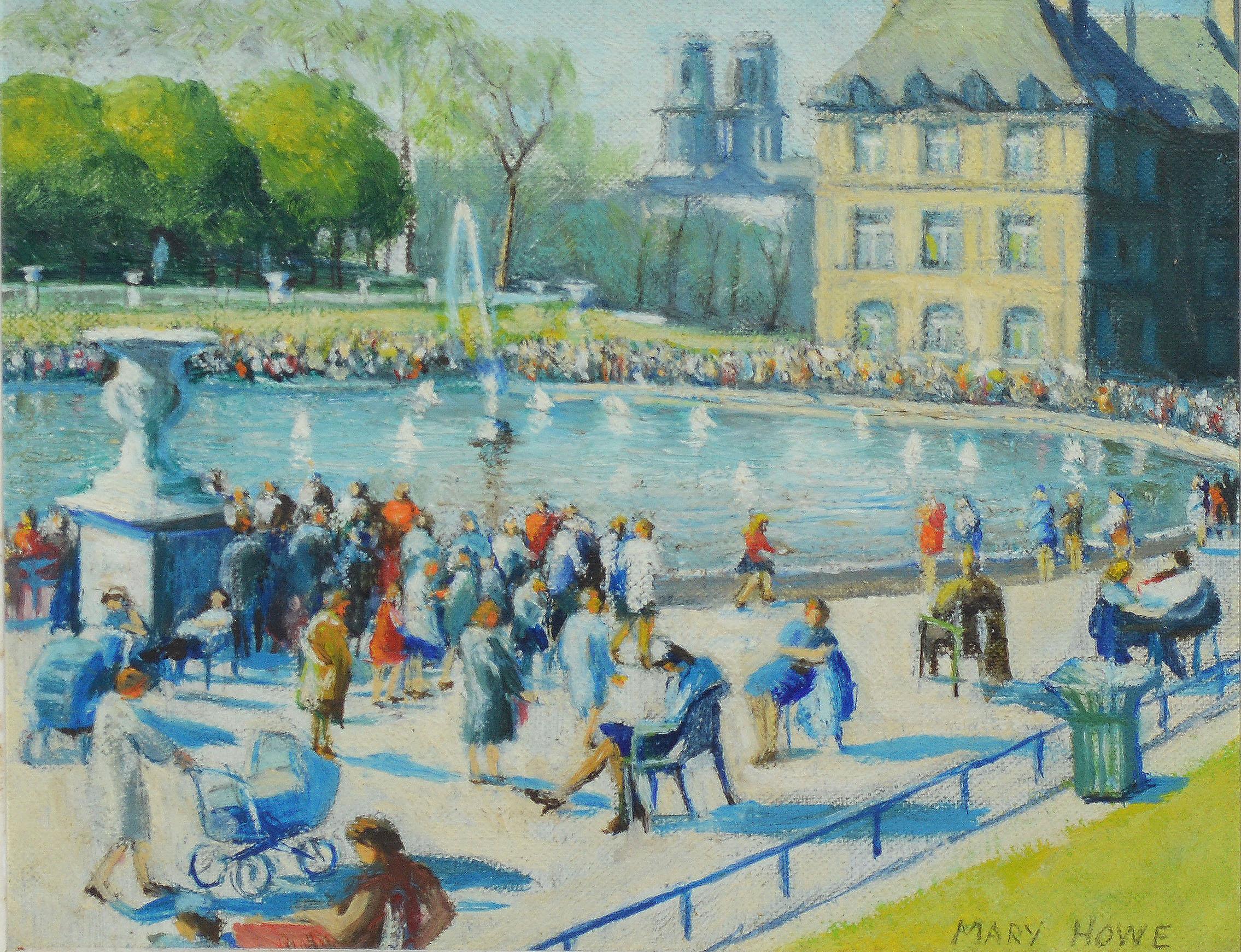 Impressionist view of a Paris park by Mary Howe.  Oil on board, circa 1930.  Signed.  Displayed in a giltwood frame.  Image, 9