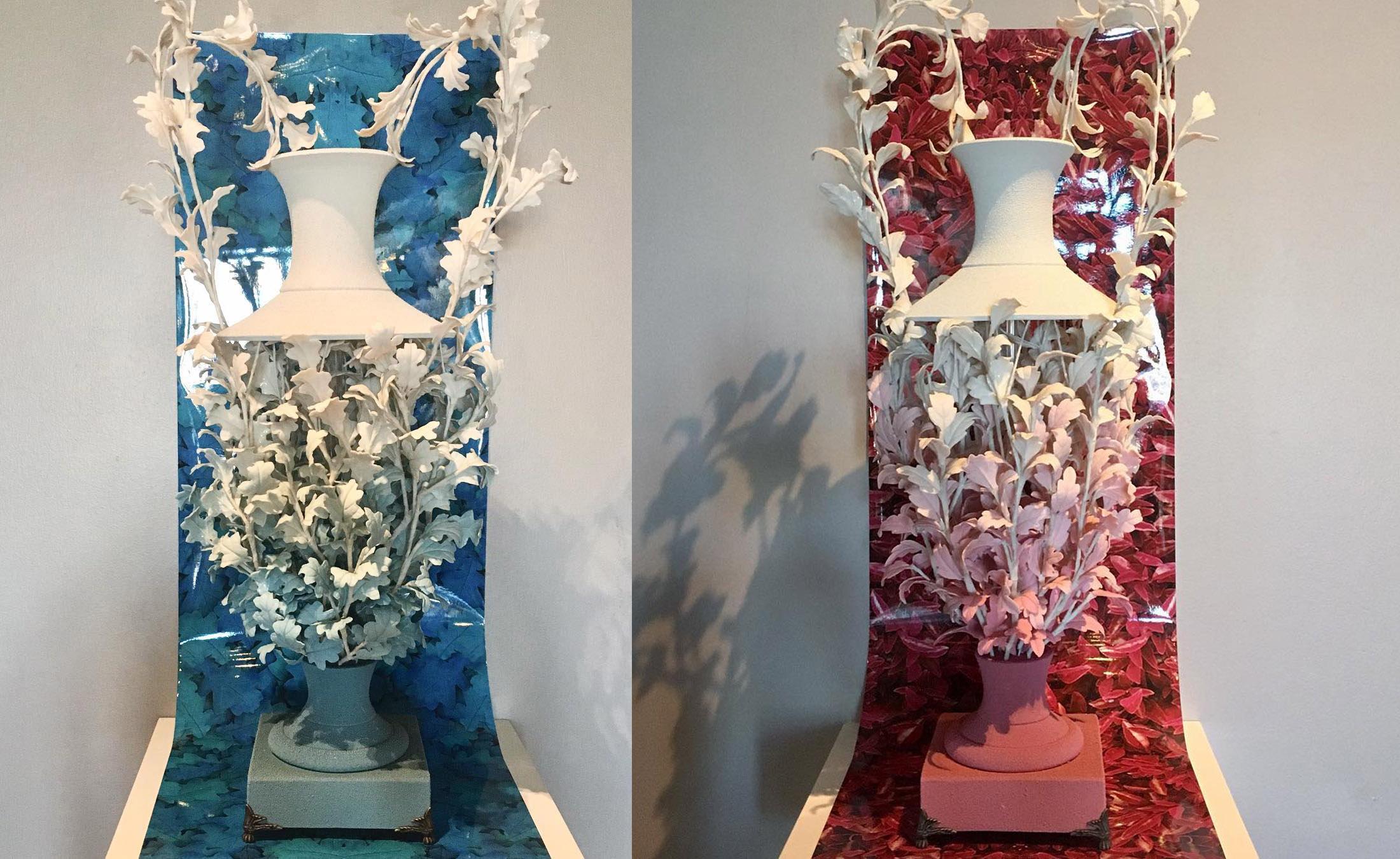 Collen Toledano Figurative Sculpture - Pair of contemporary vase wall sculptures Colorful Floral Porcelain Blue Pink 
