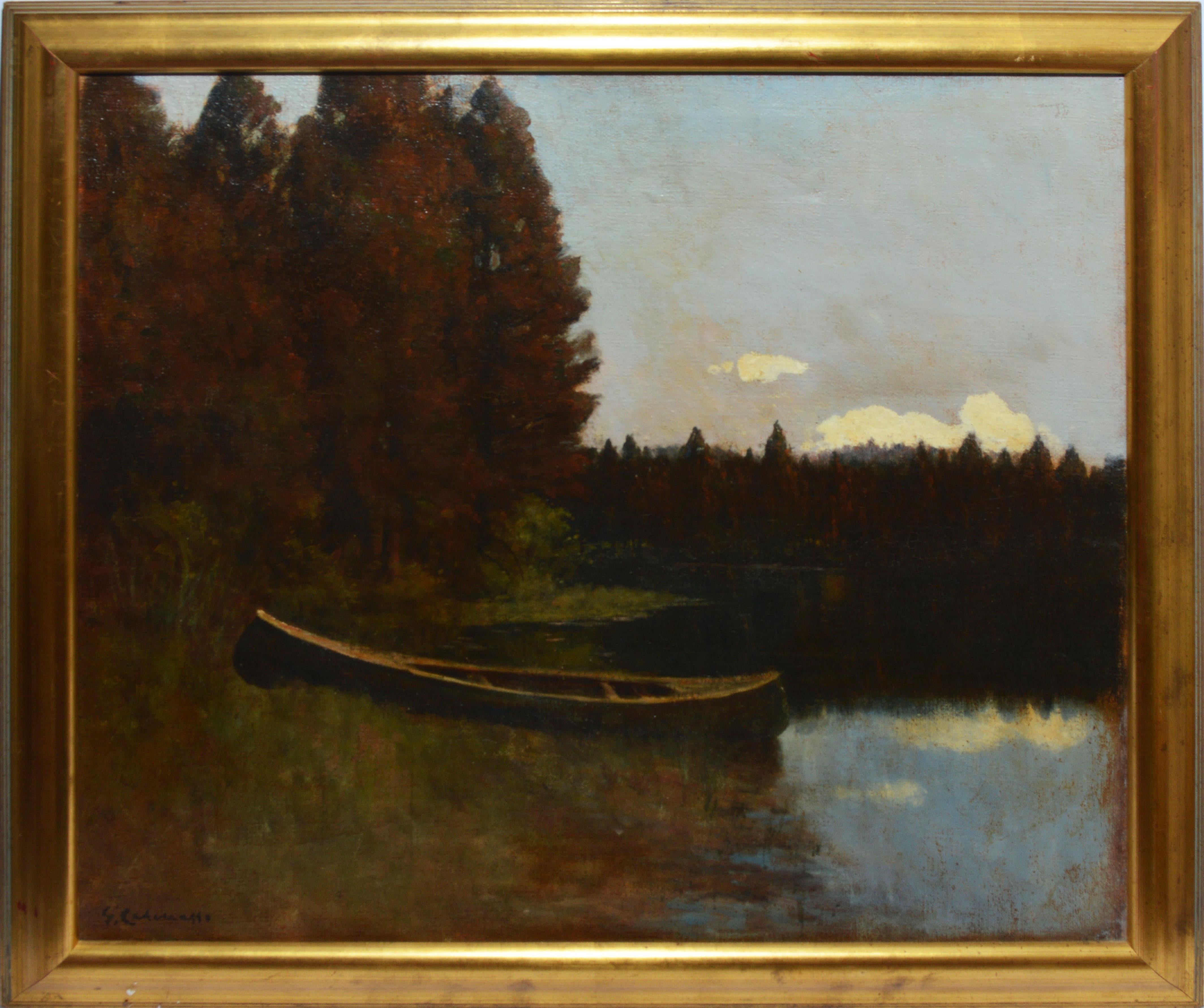 Impressionist view of the Russian River in California by Giuseppe Cadenasso  (1858 - 1918).  Oil on canvas, circa 1900.  Signed.  Displayed in a giltwood frame.  Partial exhibition label remains verso.  Image, 30"L x 28"H, overall 34"L x 30"H.