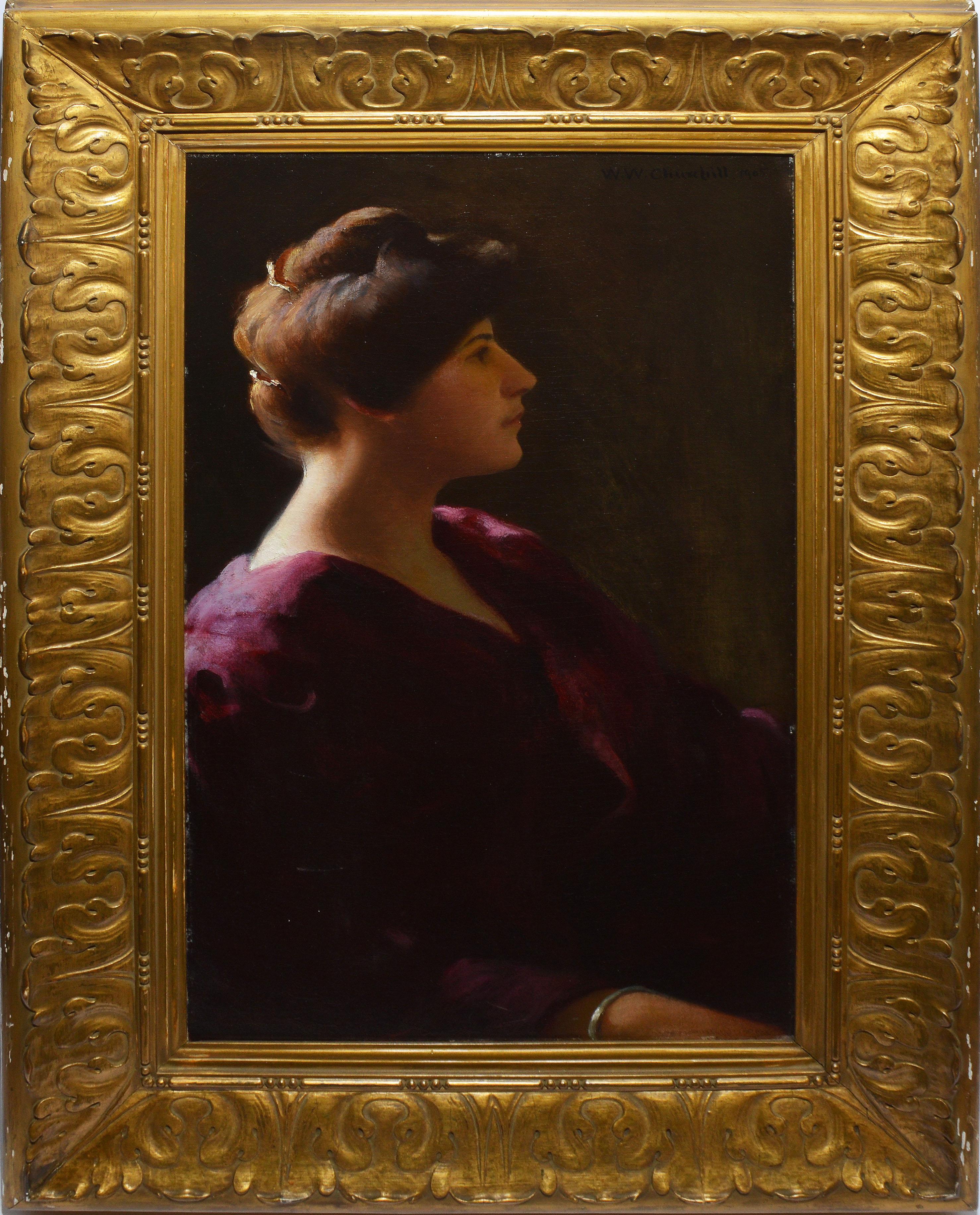 Antique Boston Oil Painting Portrait of a Young Woman by William W. Churchill