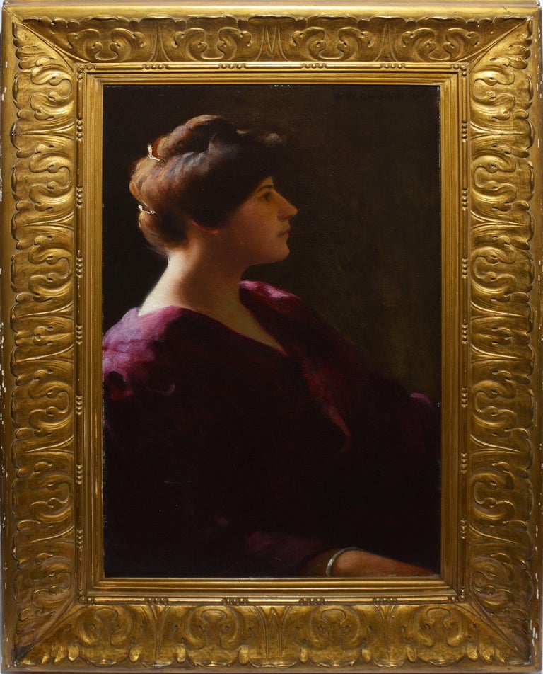 William Worcester Churchill Portrait Painting - Antique Boston Oil Painting Portrait of a Young Woman by William W. Churchill