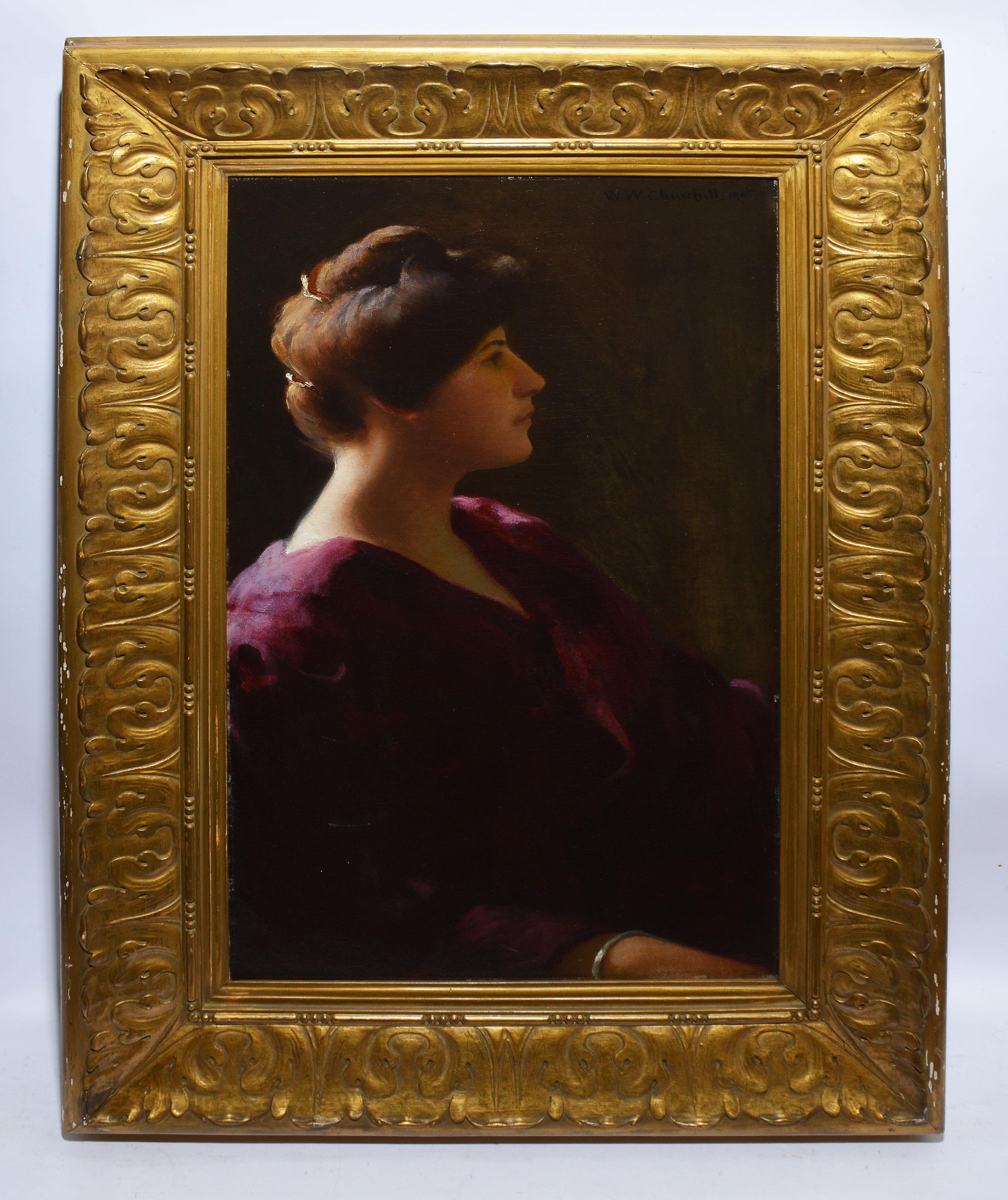Antico dipinto a olio di Boston Ritratto di giovane donna di William Williams Churchill - Painting di William Worcester Churchill