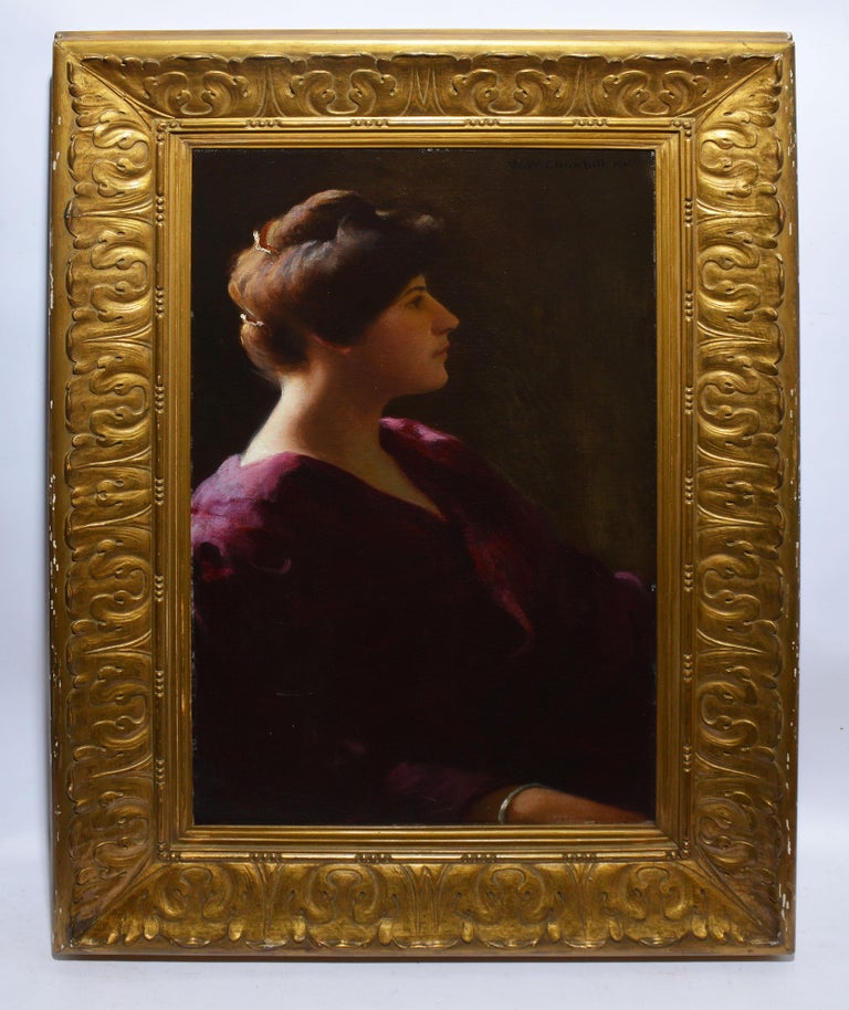 Antique Boston Oil Painting Portrait of a Young Woman by William W. Churchill - Brown Portrait Painting by William Worcester Churchill