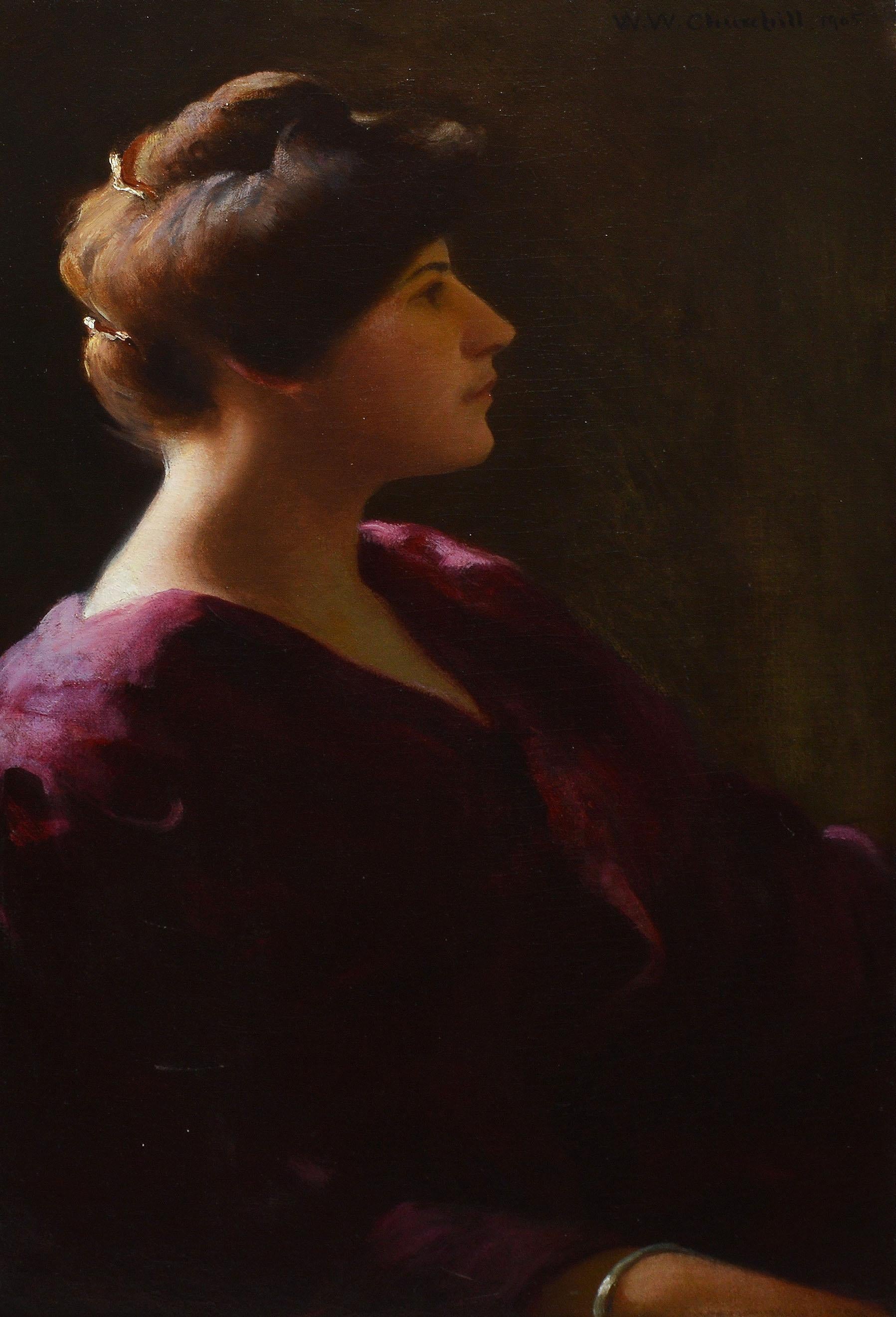 Peinture à l'huile ancienne de Boston représentant un portrait d'une jeune femme par William W. Churchill - Réalisme Painting par William Worcester Churchill